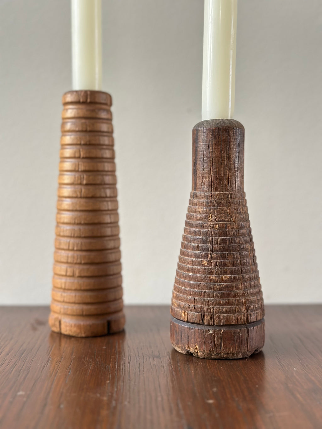 Set of Antique Wooden Spool Candlesticks