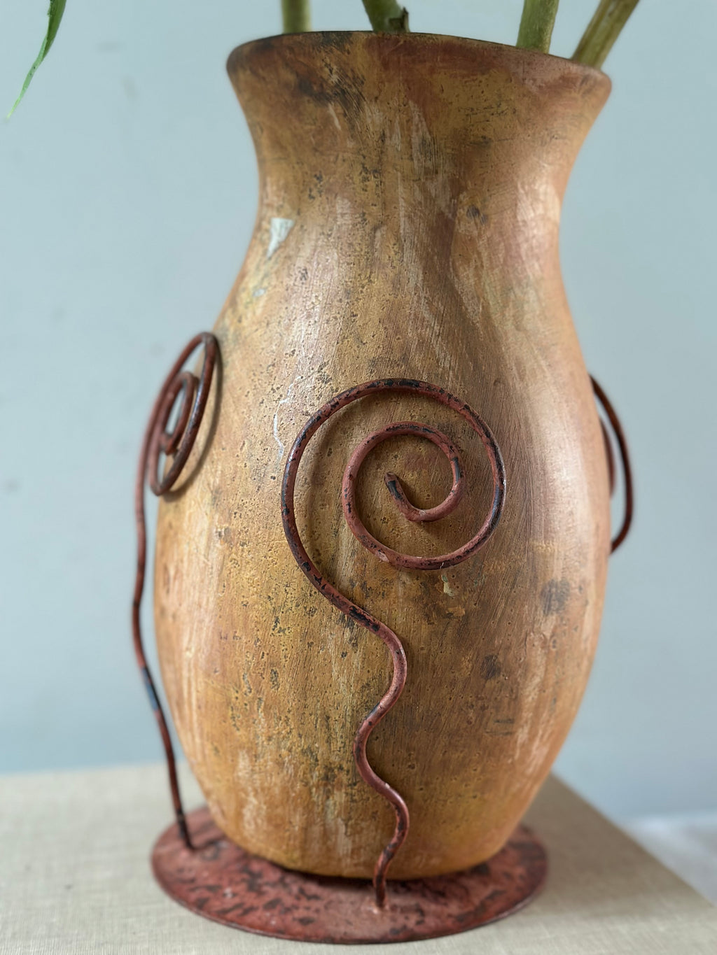 Mexican Ceramic & Metal Swirl Vase