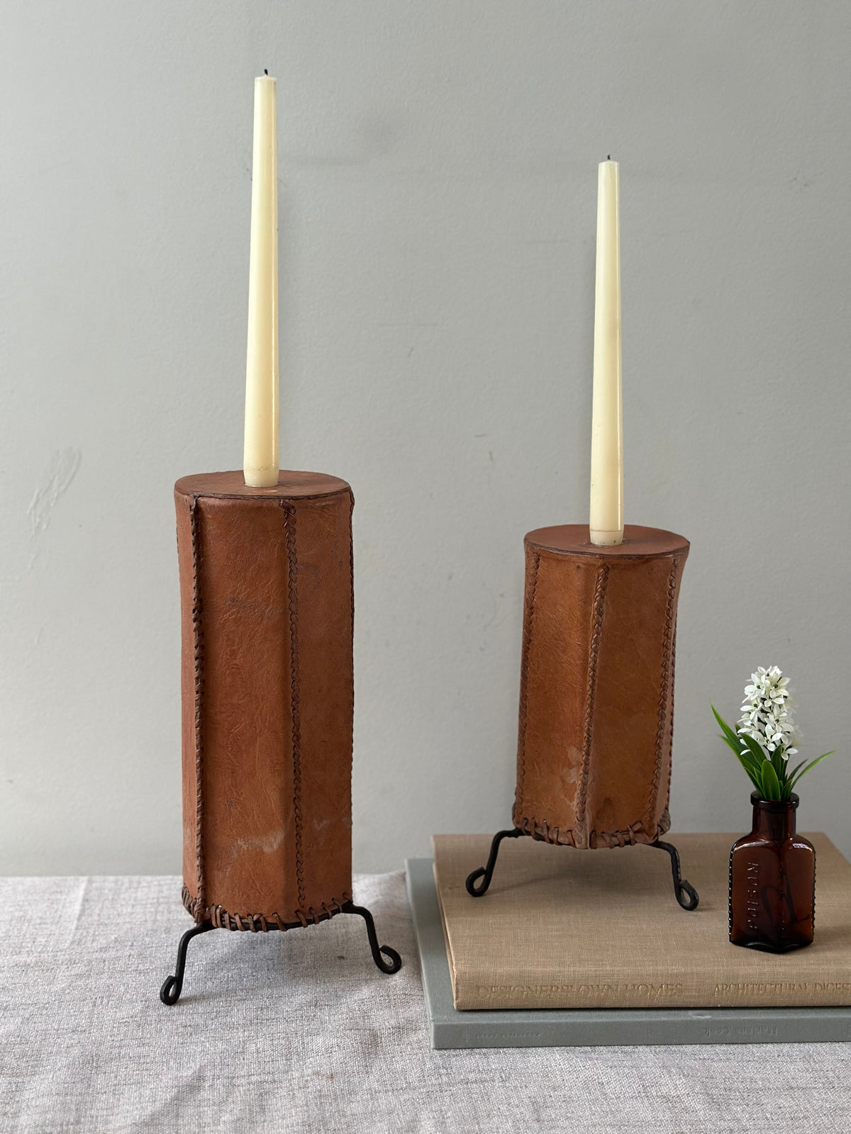 Vintage Leather Wrapped Candle Holders