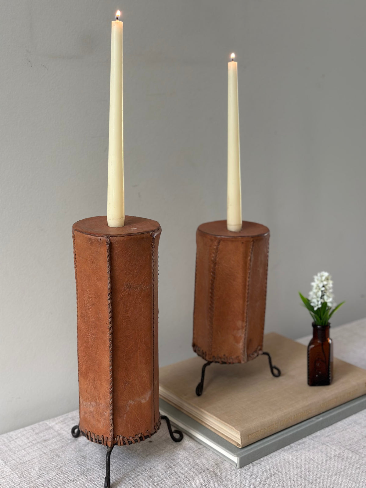 Vintage Leather Wrapped Candle Holders
