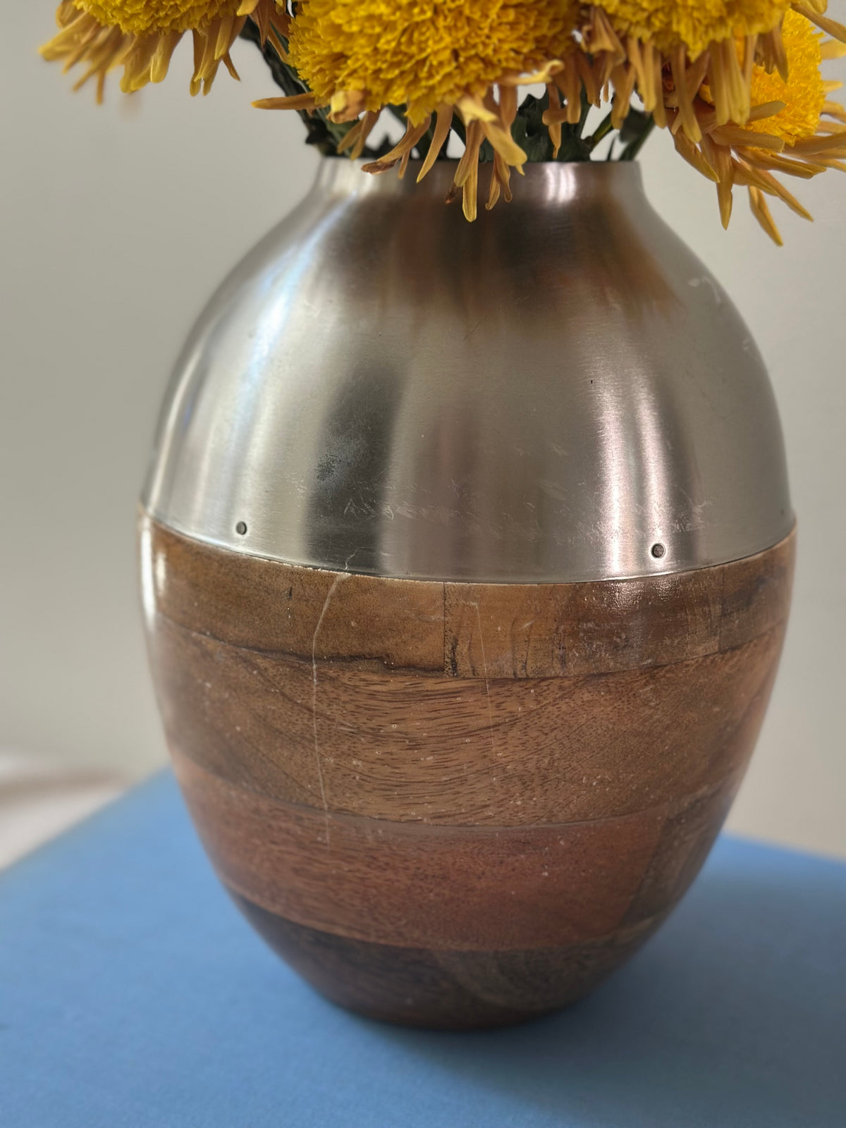 MCM Hand Turned Wood & Metal Vase