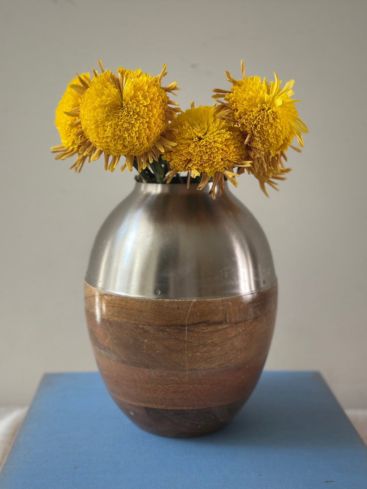 MCM Hand Turned Wood & Metal Vase