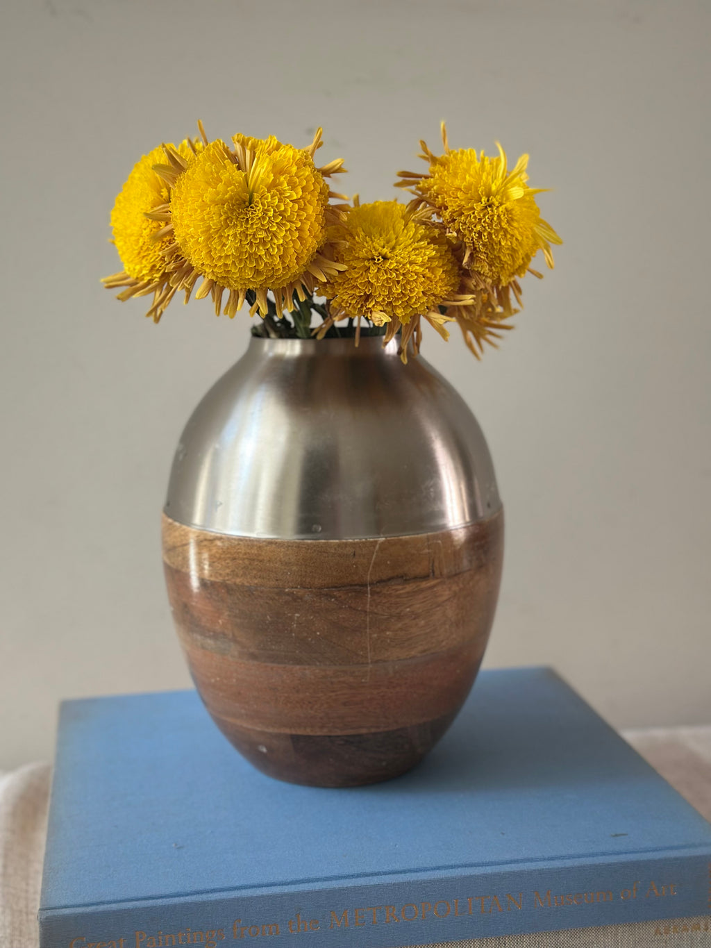 MCM Hand Turned Wood & Metal Vase