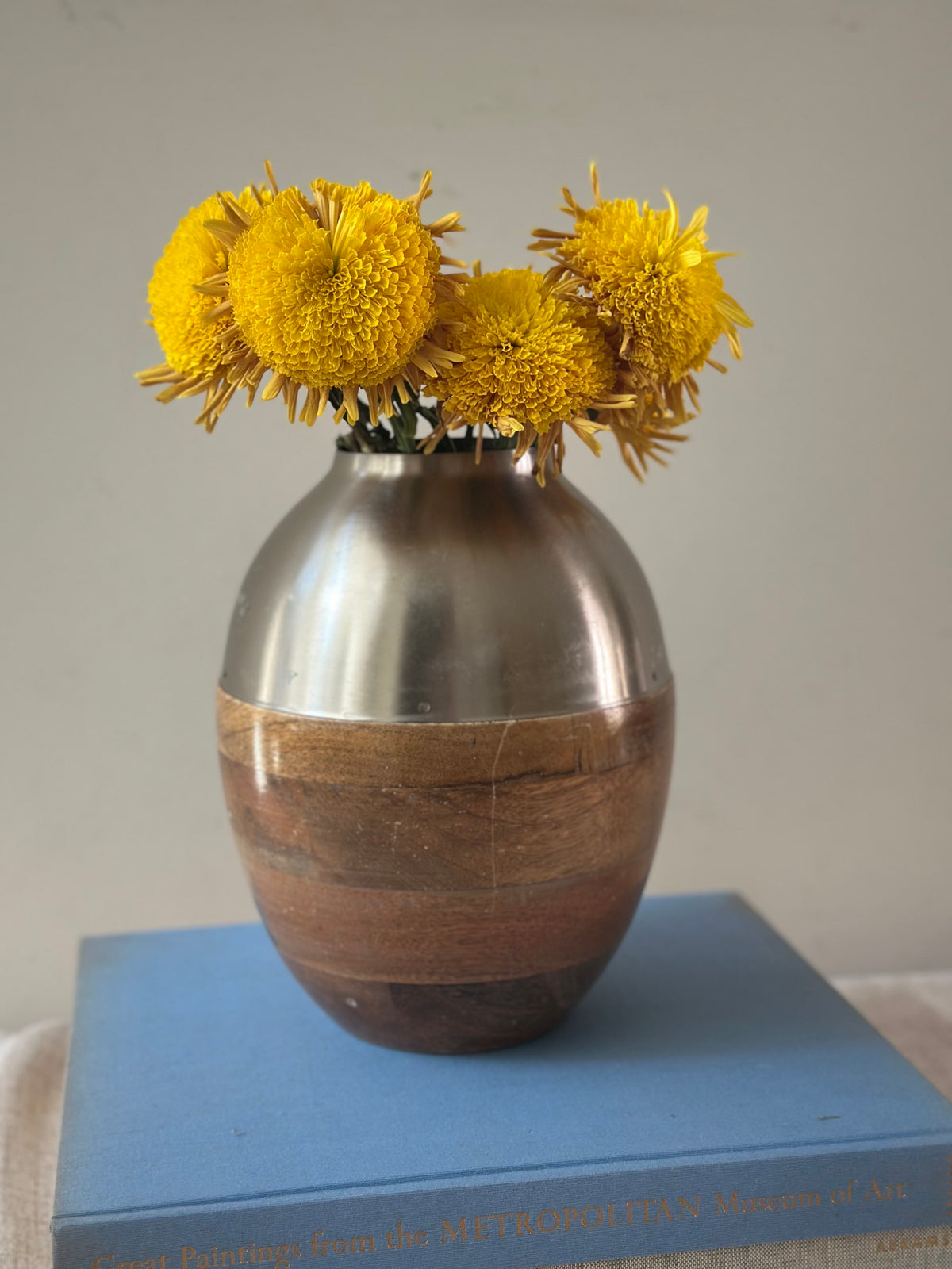 MCM Hand Turned Wood & Metal Vase