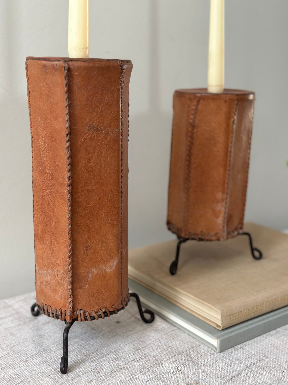 Vintage Leather Wrapped Candle Holders