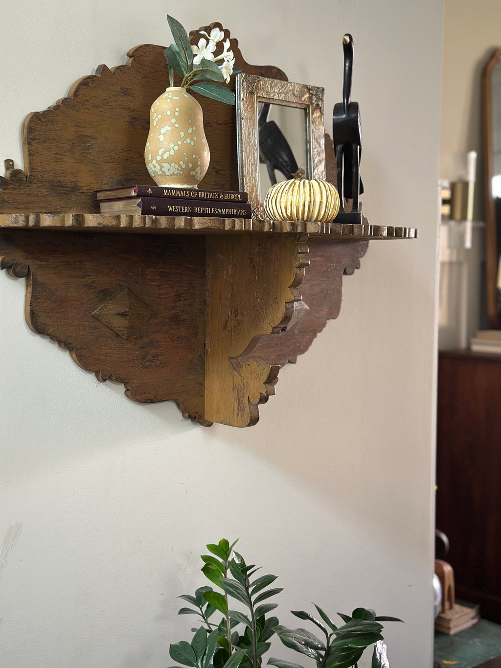 Hand Carved Wooden Wall Shelf