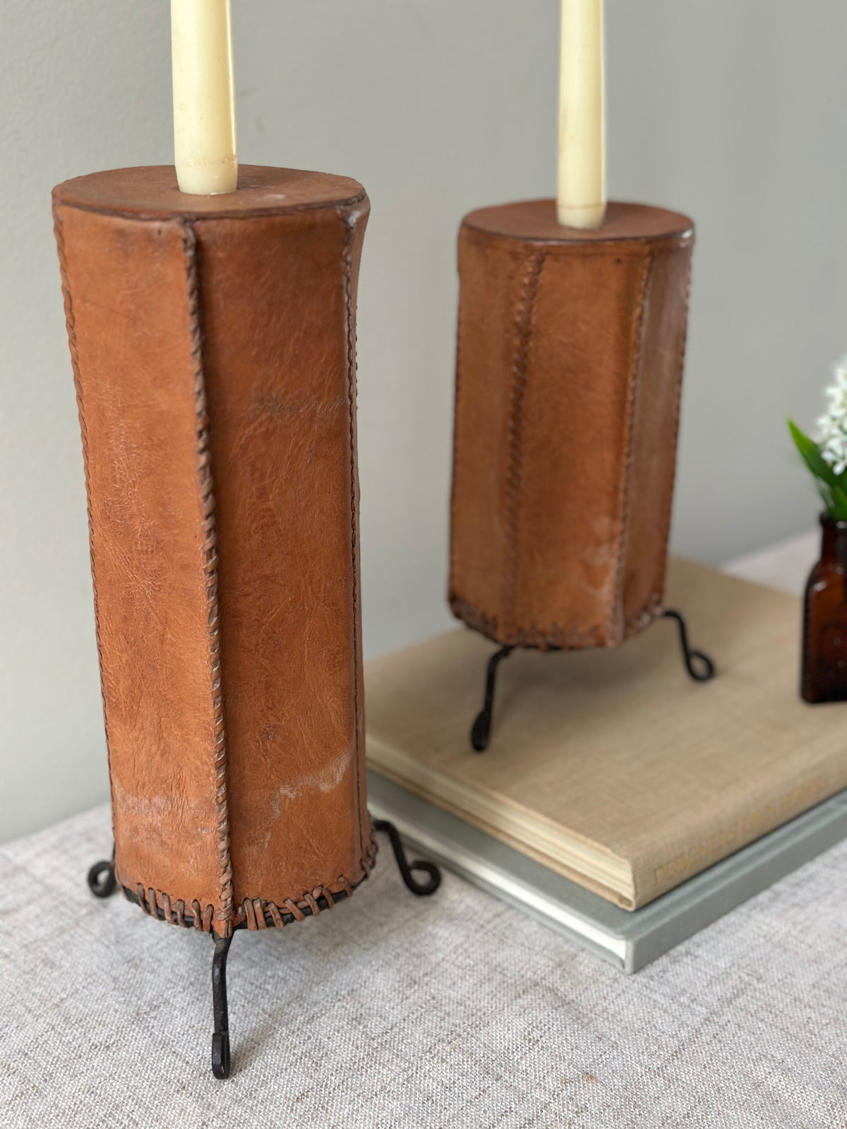 Vintage Leather Wrapped Candle Holders