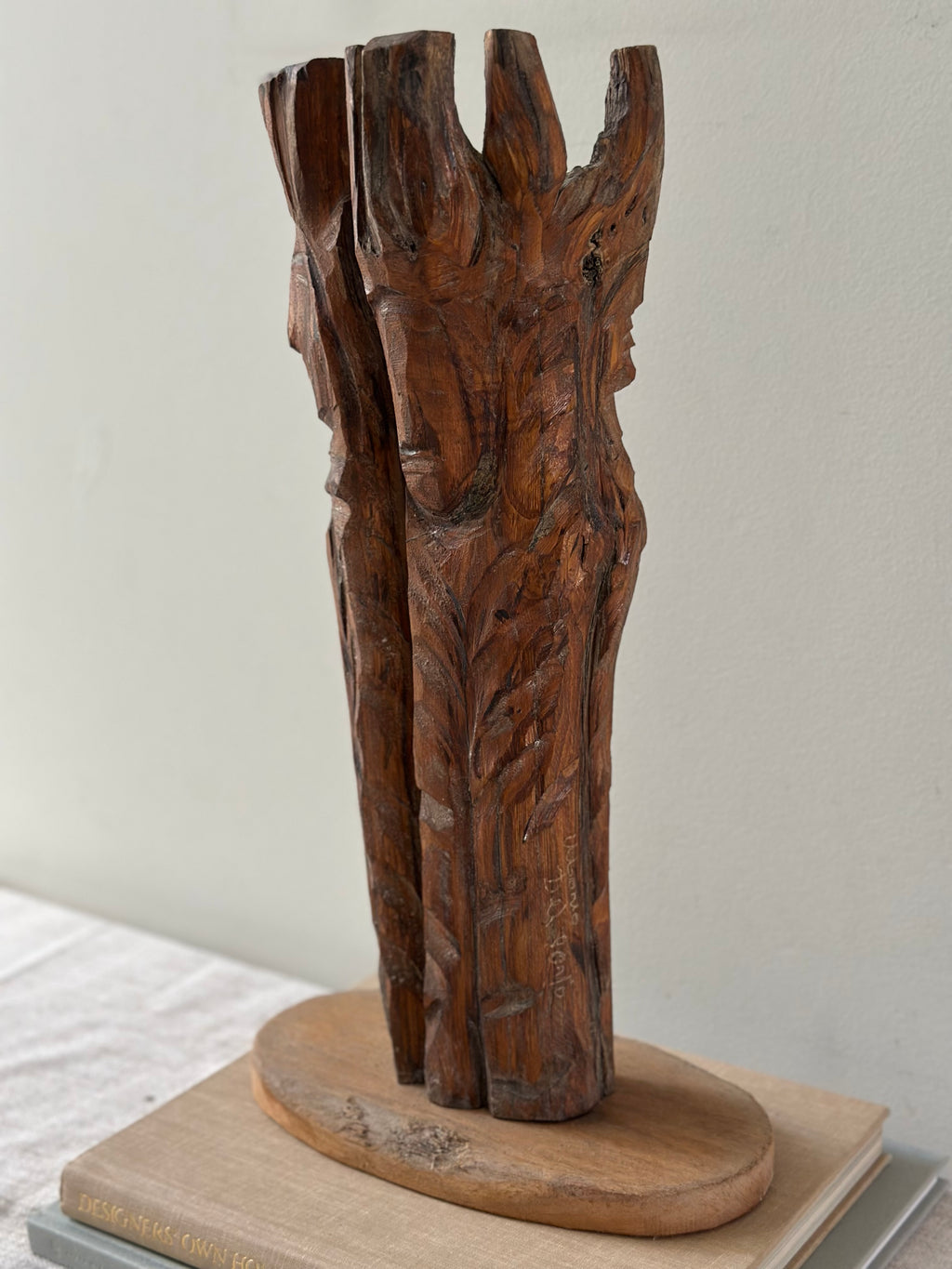 Signed Vintage Wooden Faces Sculpture