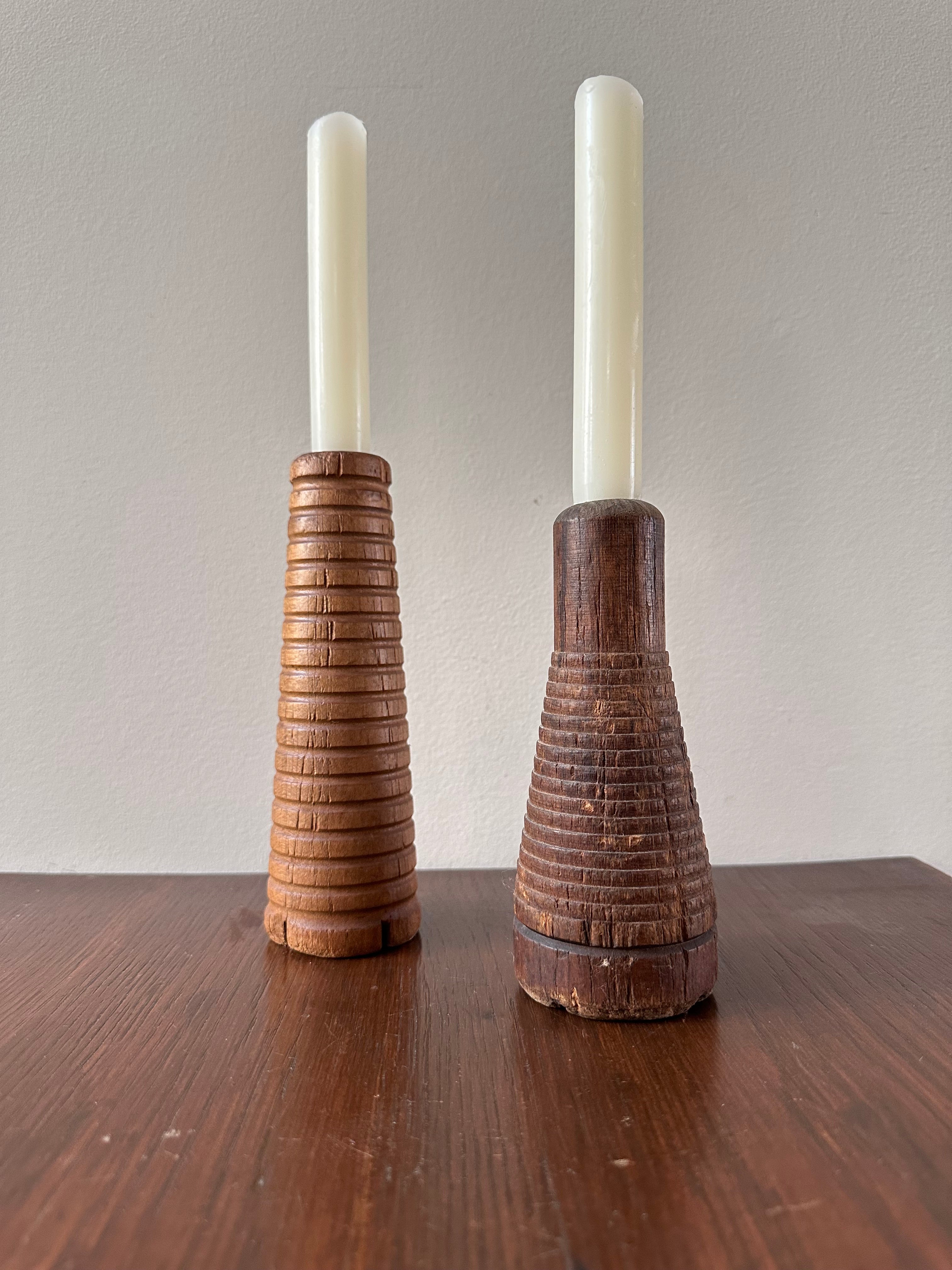 Set of Antique Wooden Spool Candlesticks