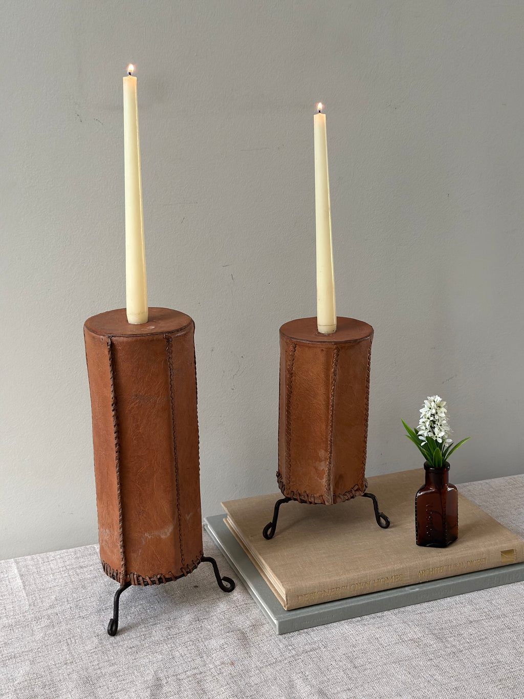 Vintage Leather Wrapped Candle Holders