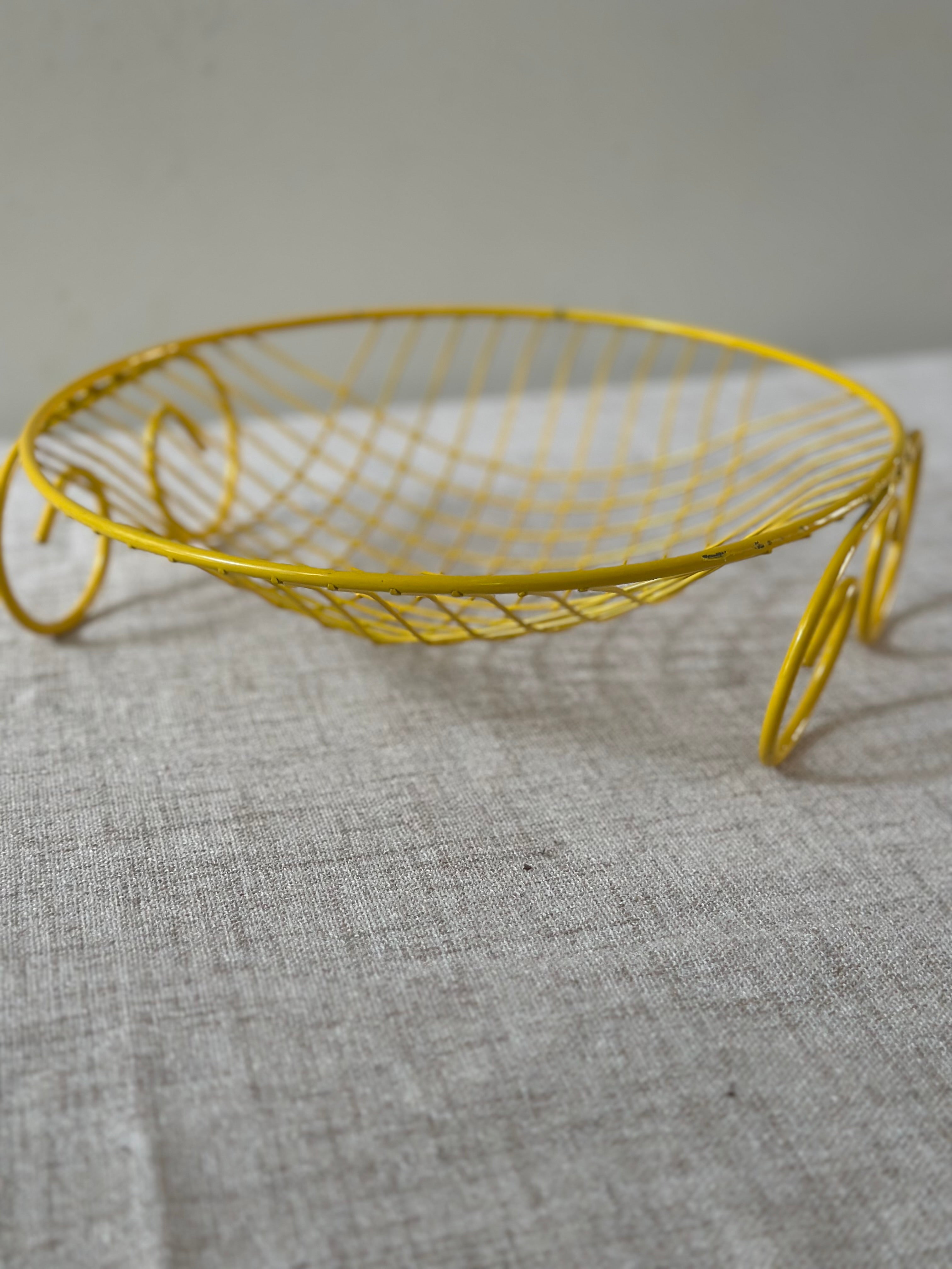 Vintage Mid Century Yellow Wire Basket
