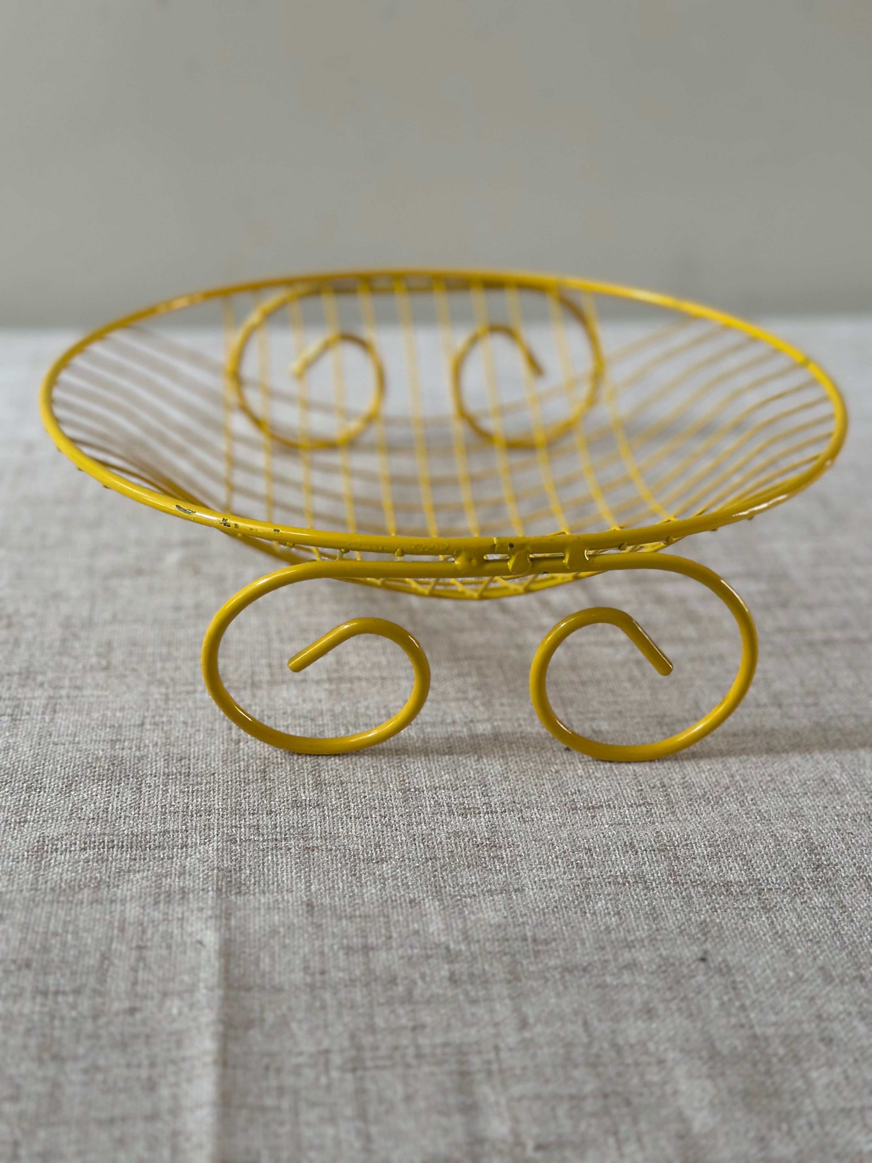 Vintage Mid Century Yellow Wire Basket