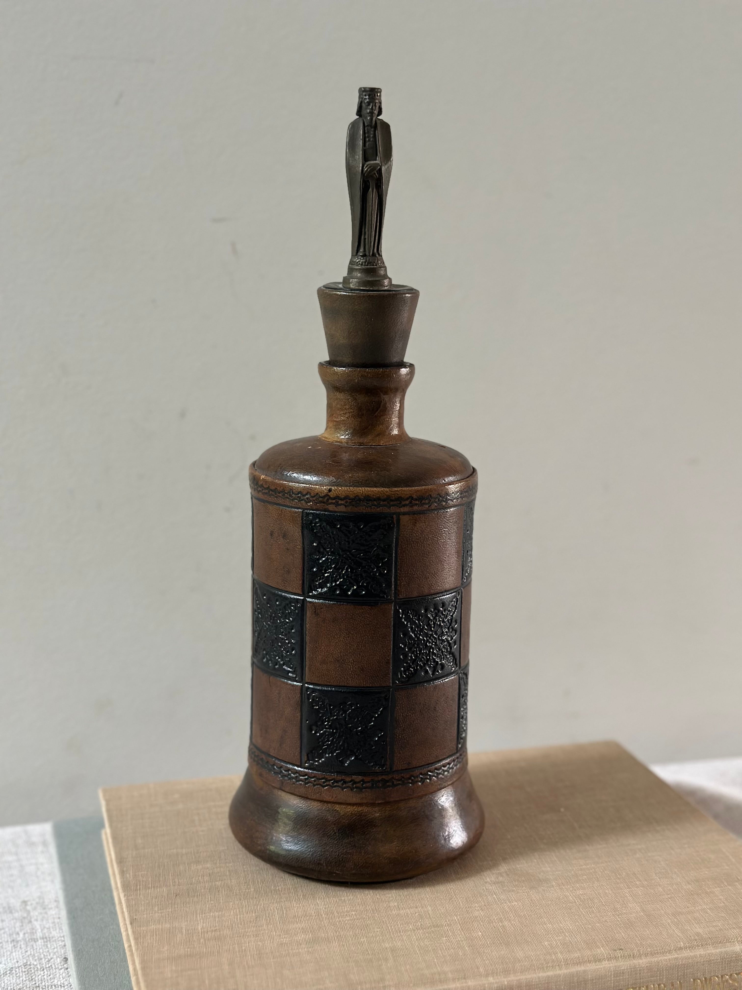 Vintage Leather-Wrapped Decanter with Figural Stopper