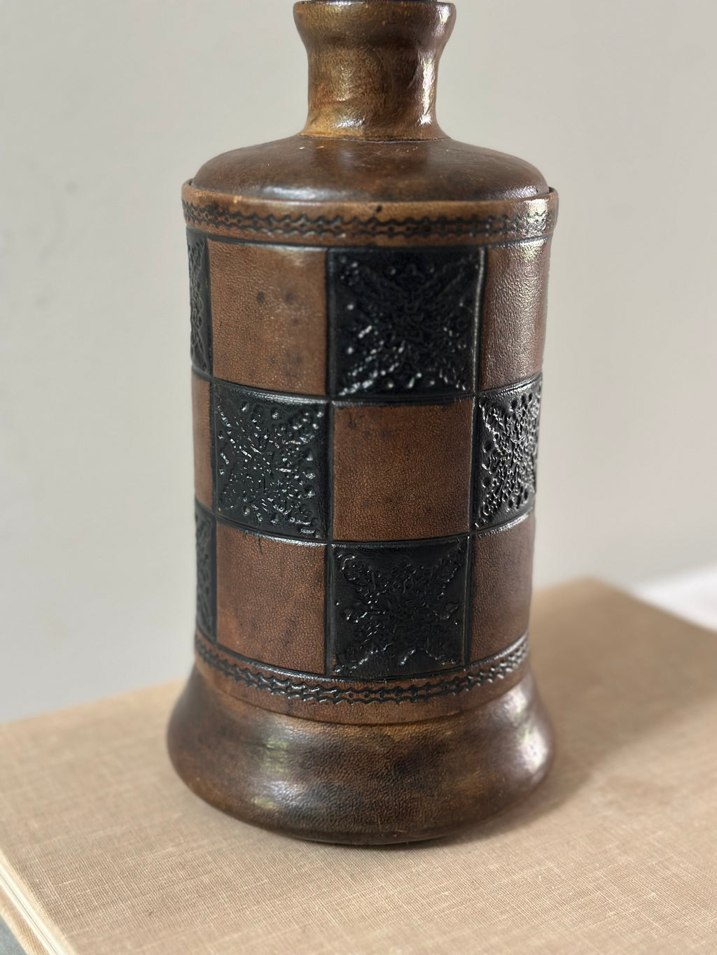 Vintage Leather-Wrapped Decanter with Figural Stopper