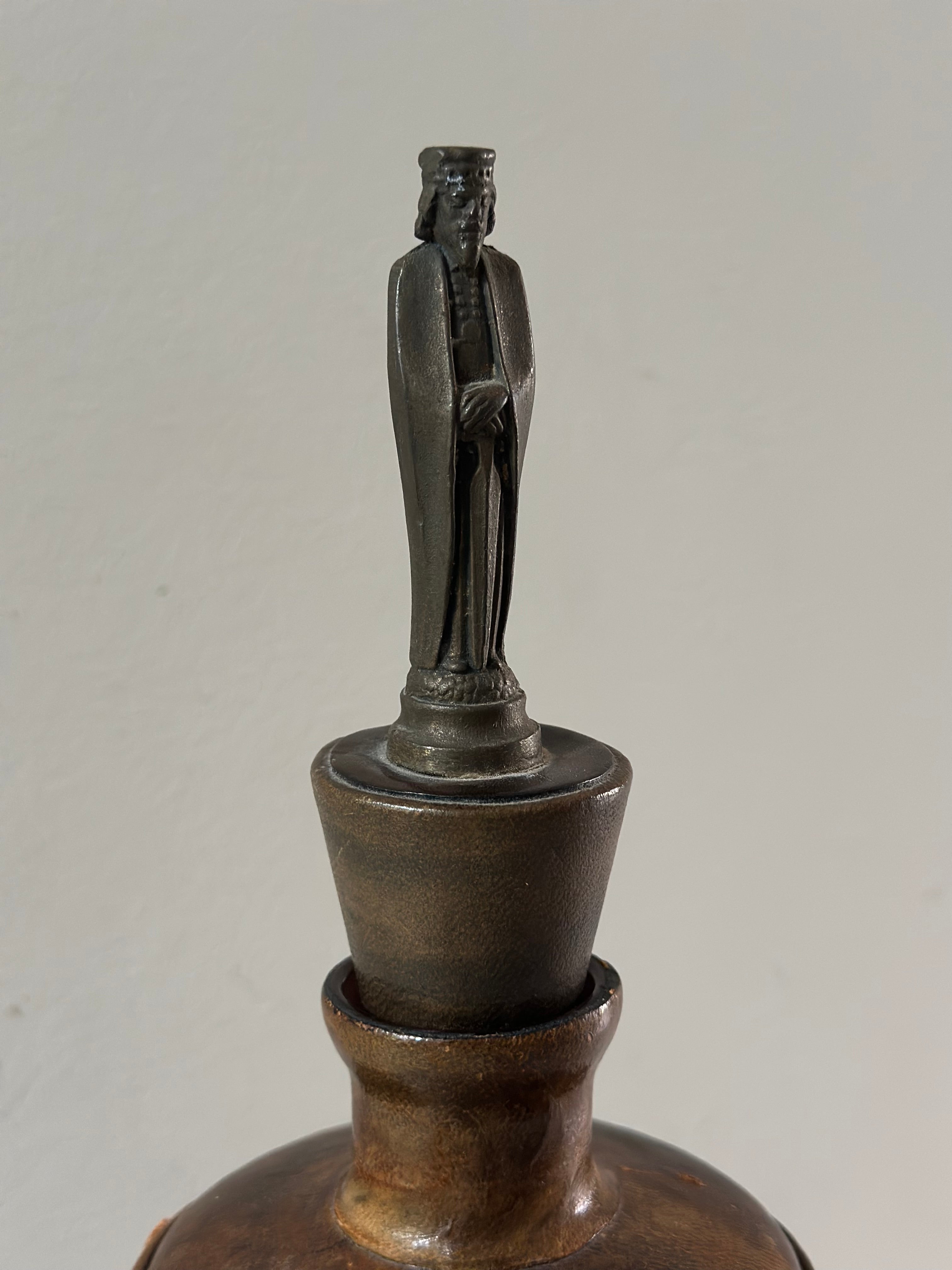Vintage Leather-Wrapped Decanter with Figural Stopper