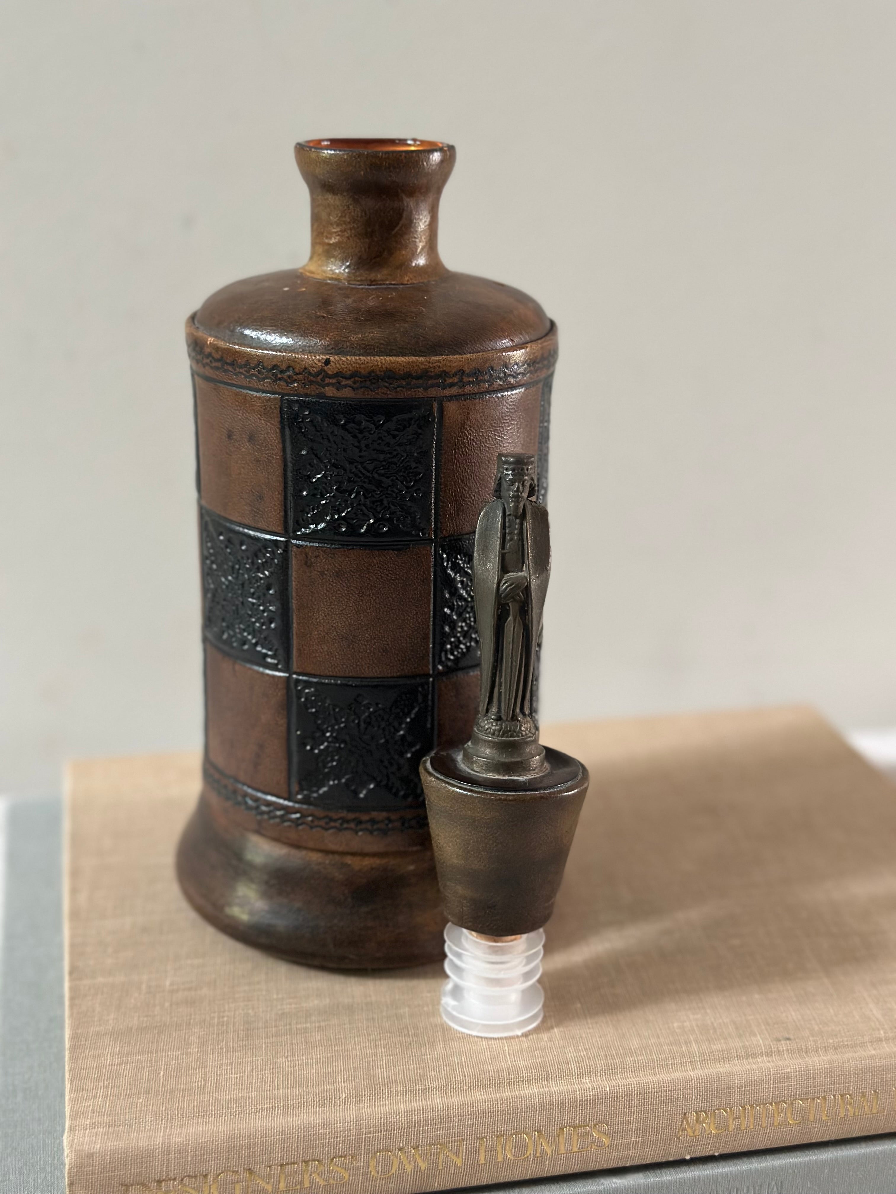Vintage Leather-Wrapped Decanter with Figural Stopper