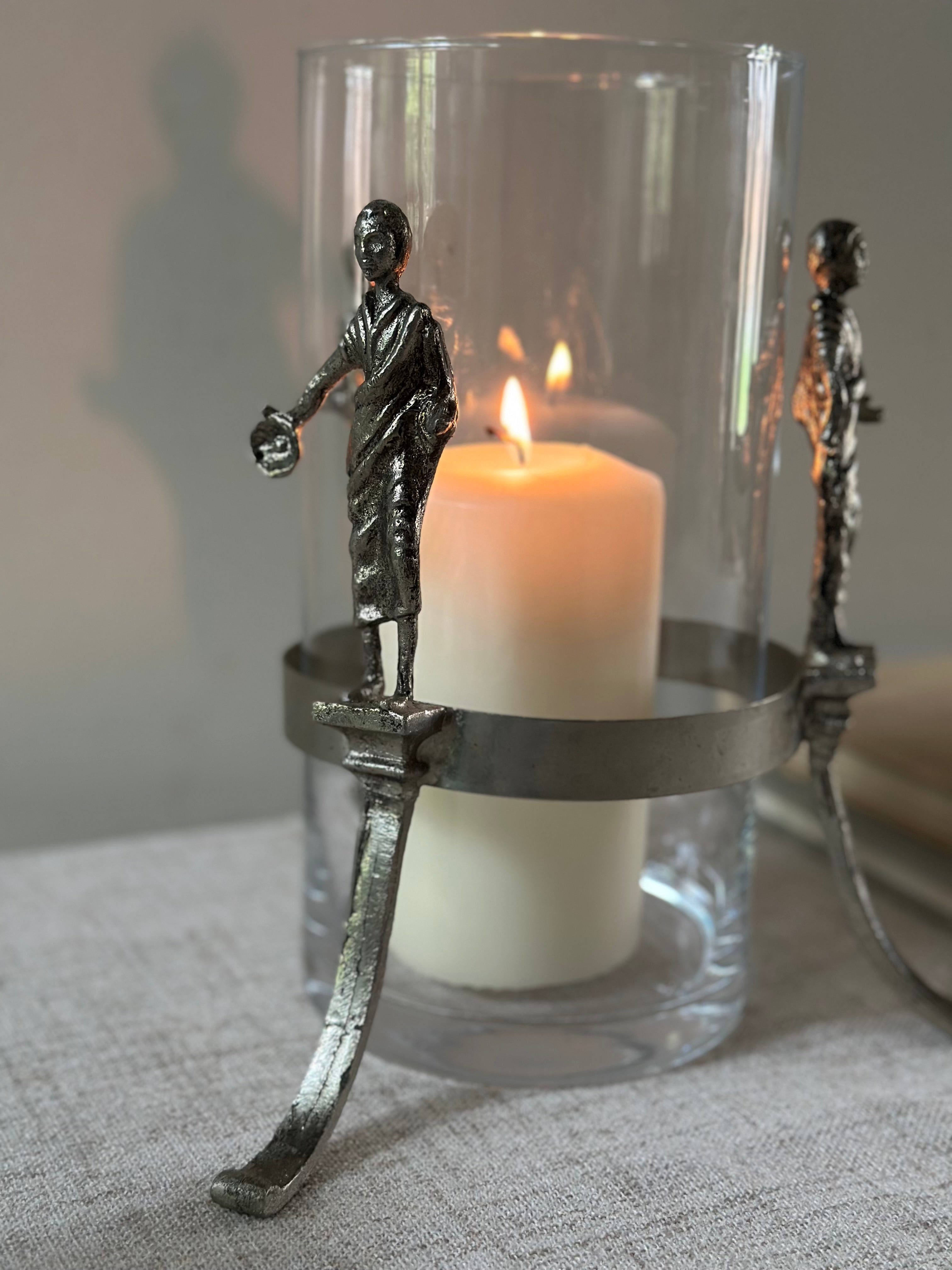 Figural Pewter and Glass Hurricane Candle Holder