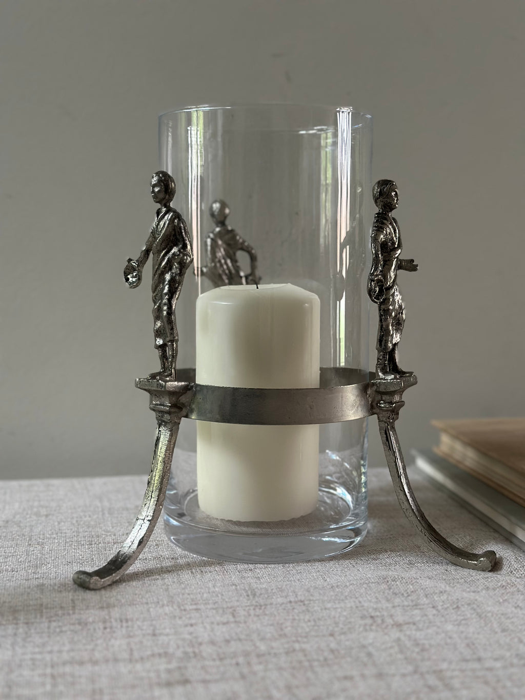 Figural Pewter and Glass Hurricane Candle Holder