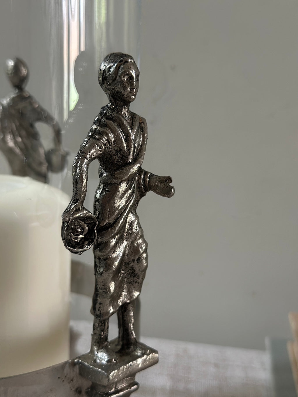 Figural Pewter and Glass Hurricane Candle Holder