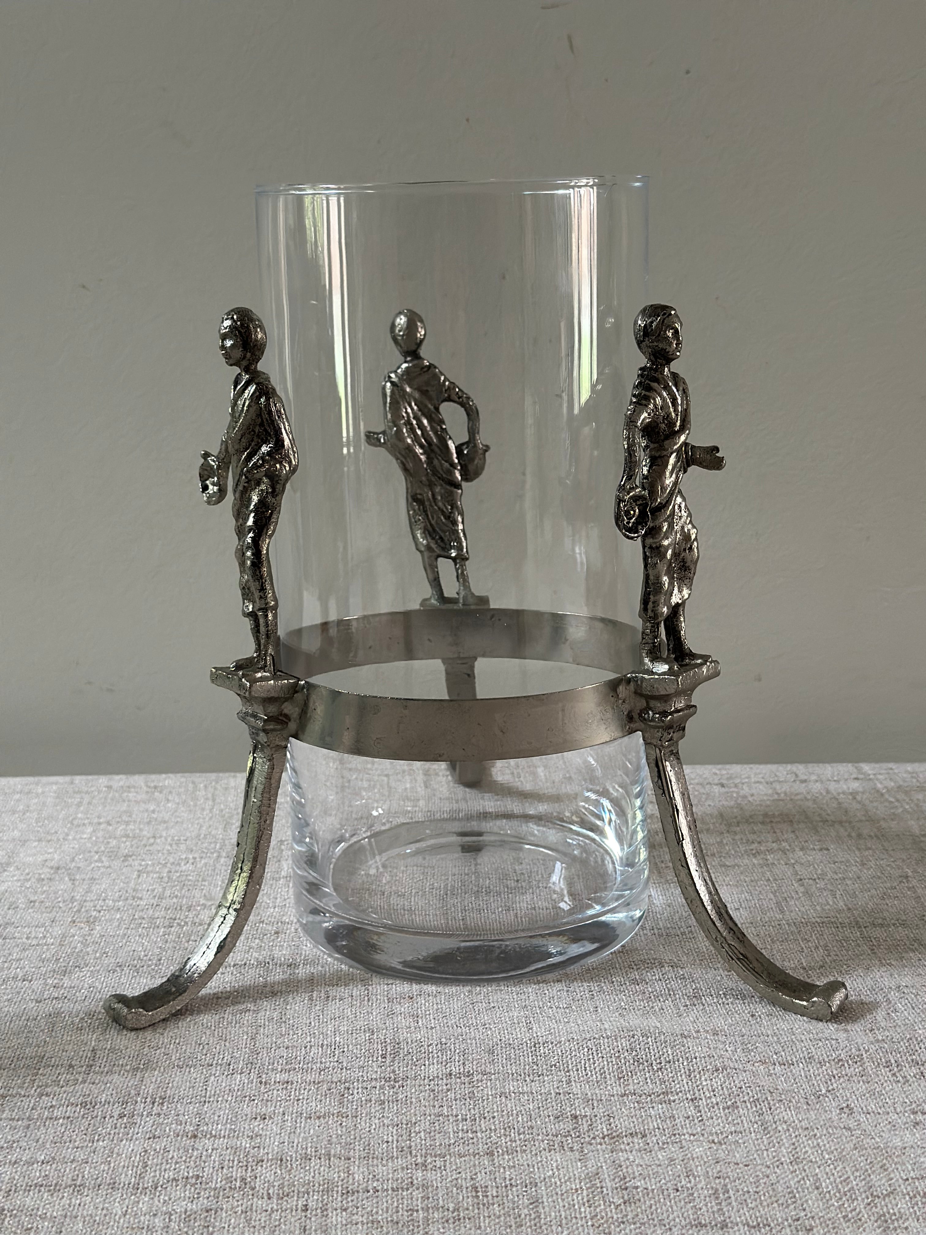 Figural Pewter and Glass Hurricane Candle Holder