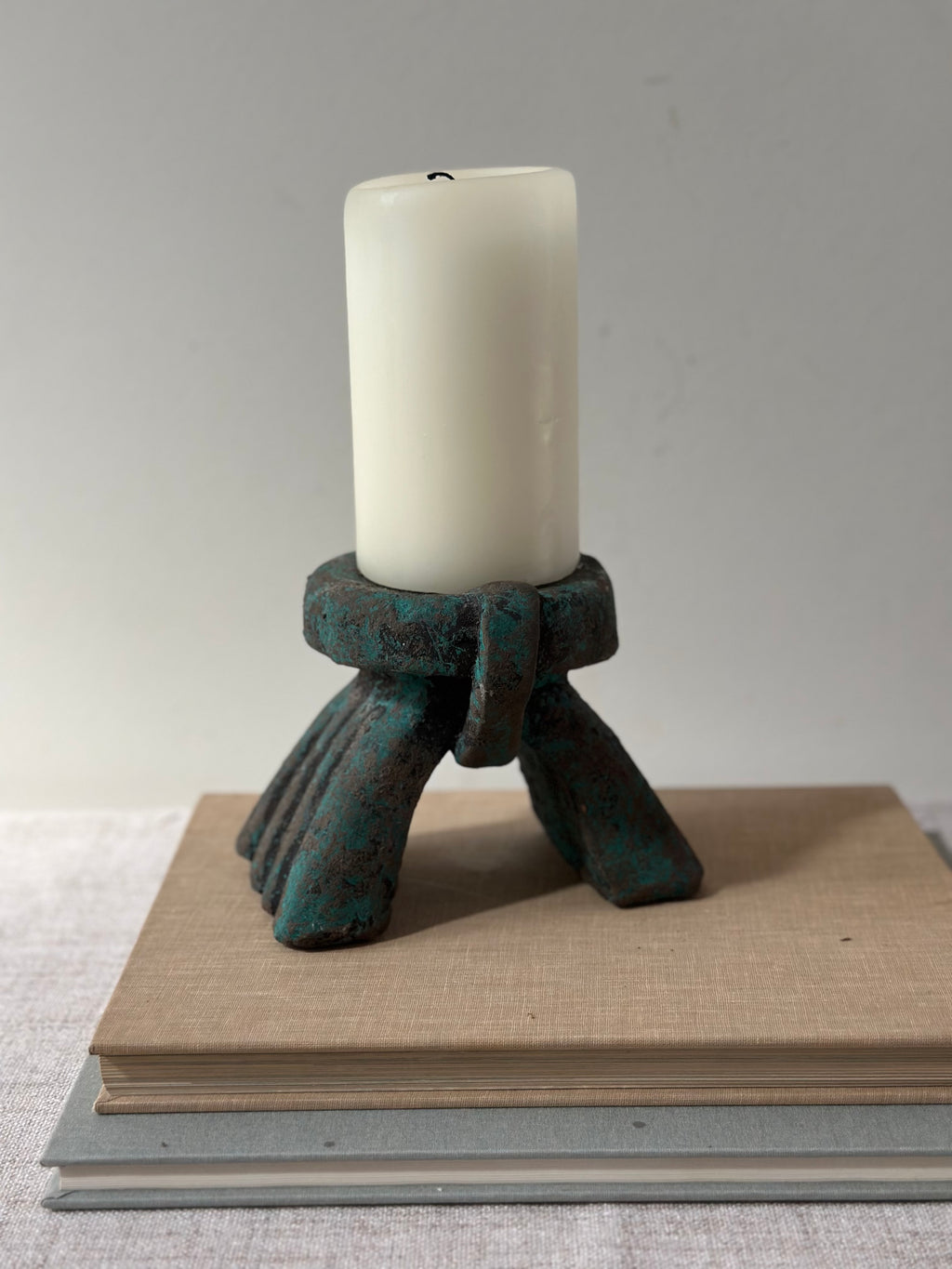 Brutalist Verdigris Metal Candle Holder