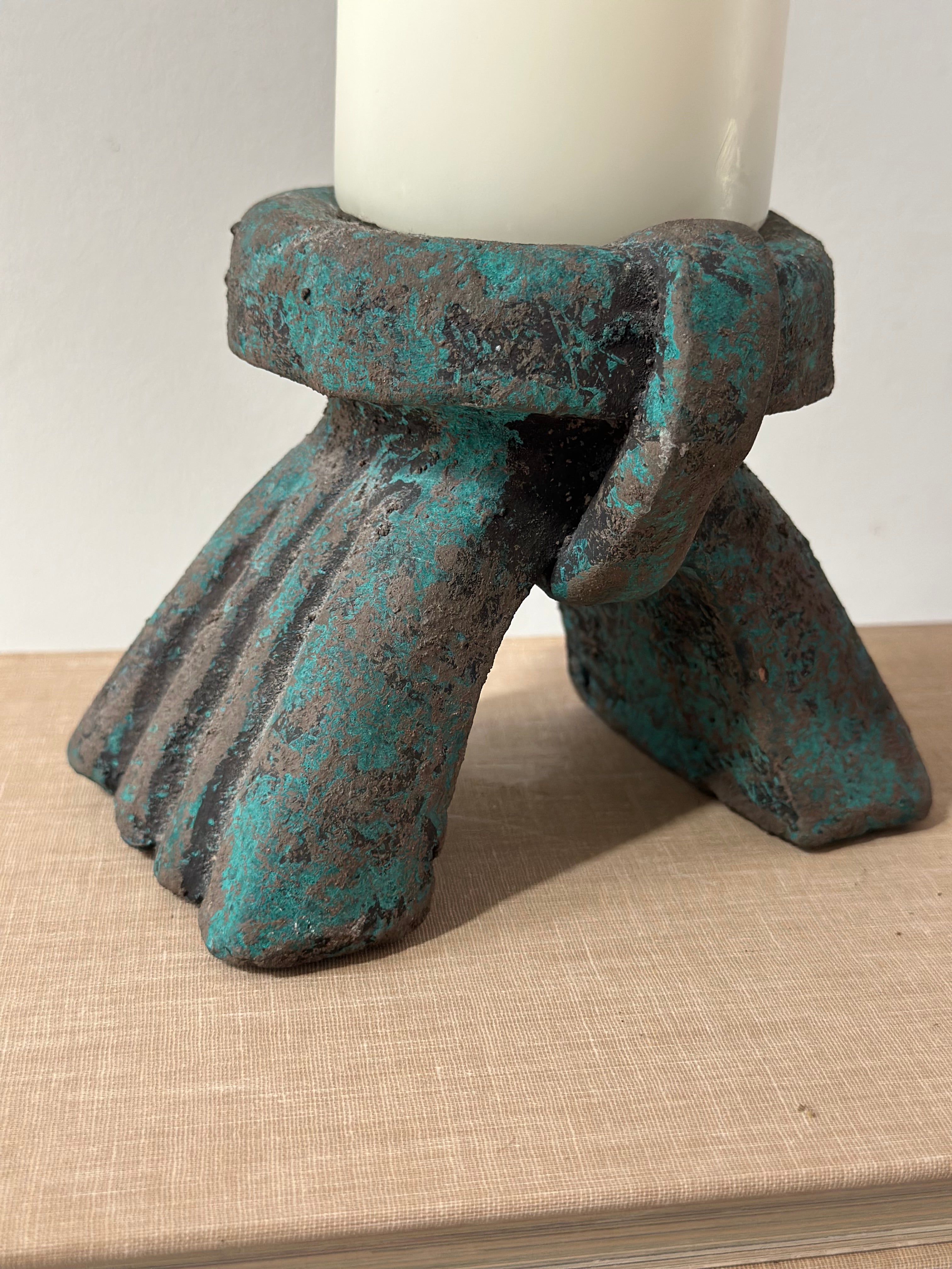 Brutalist Verdigris Metal Candle Holder