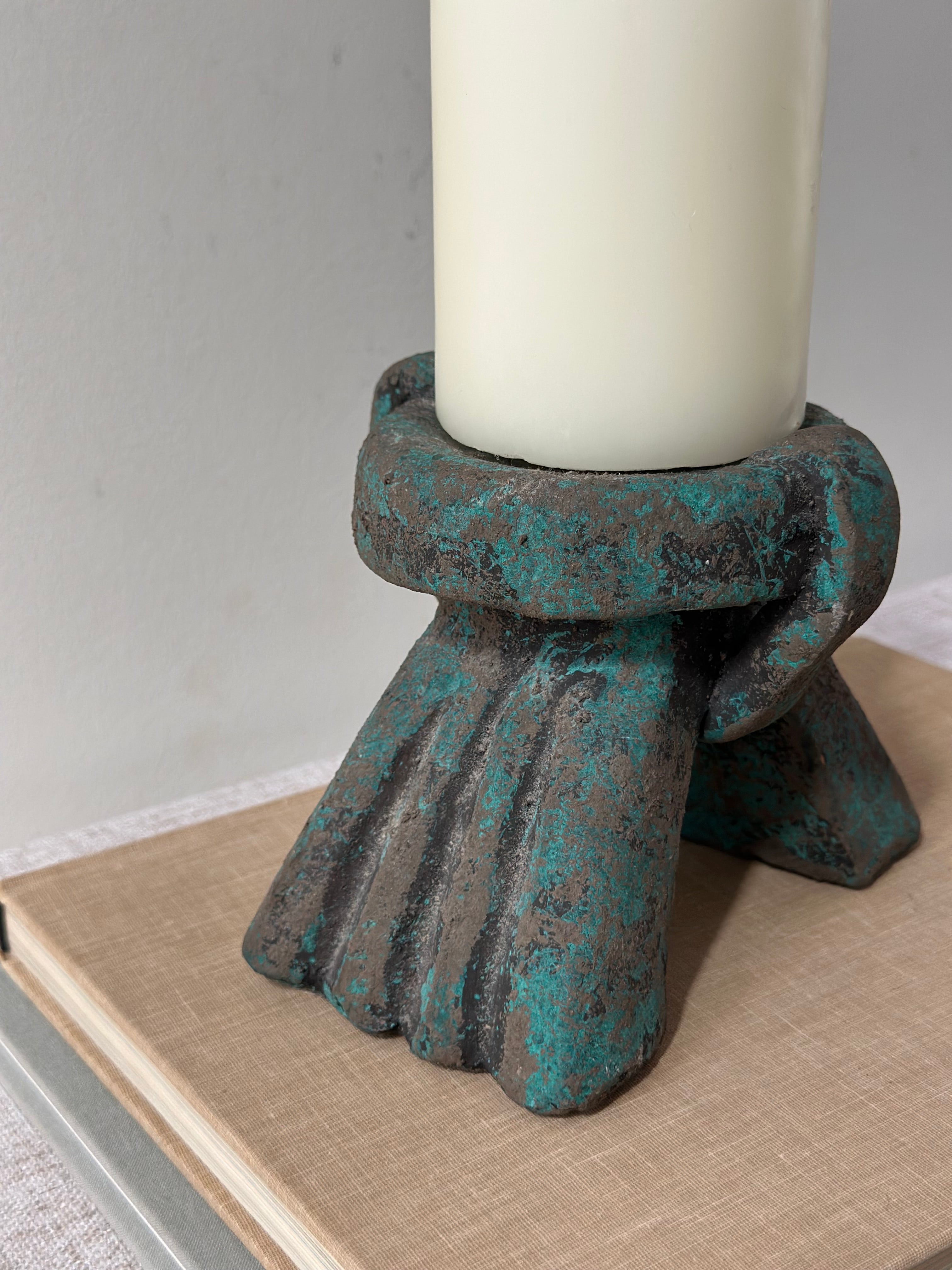 Brutalist Verdigris Metal Candle Holder