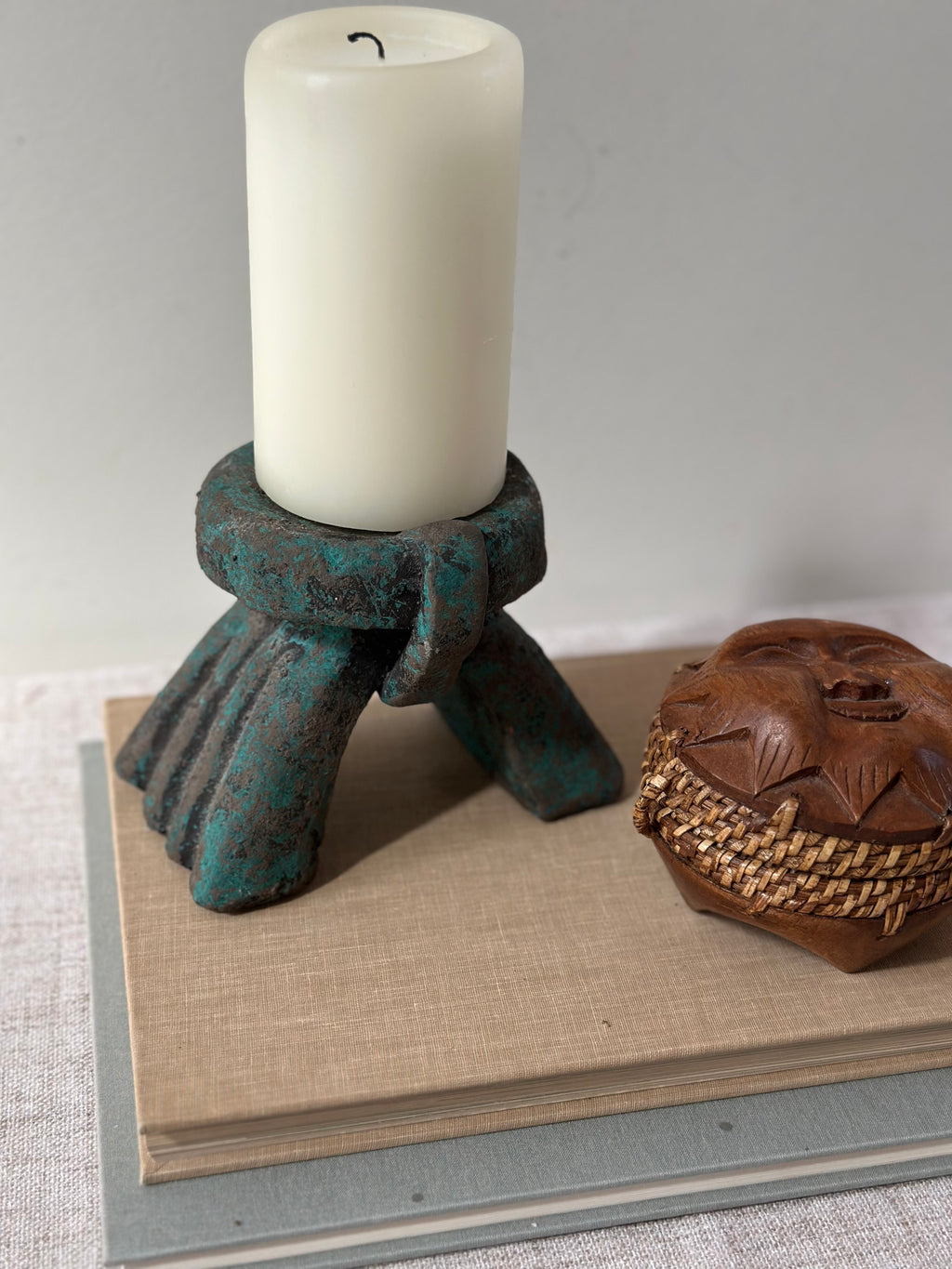 Brutalist Verdigris Metal Candle Holder