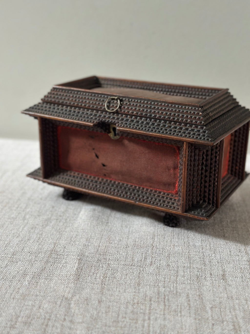 Antique Tramp Art Chip-Carved Wooden Box