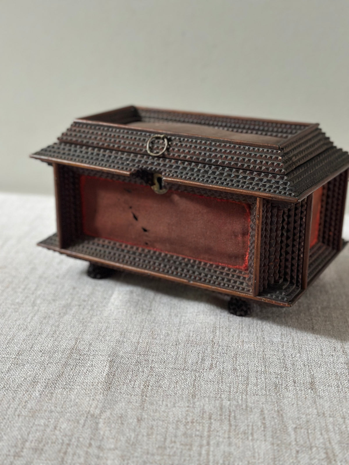 Antique Tramp Art Chip-Carved Wooden Box
