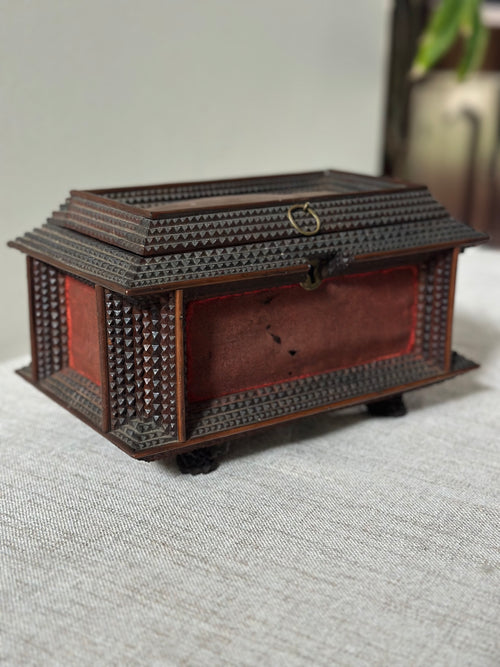 Antique Tramp Art Chip-Carved Wooden Box