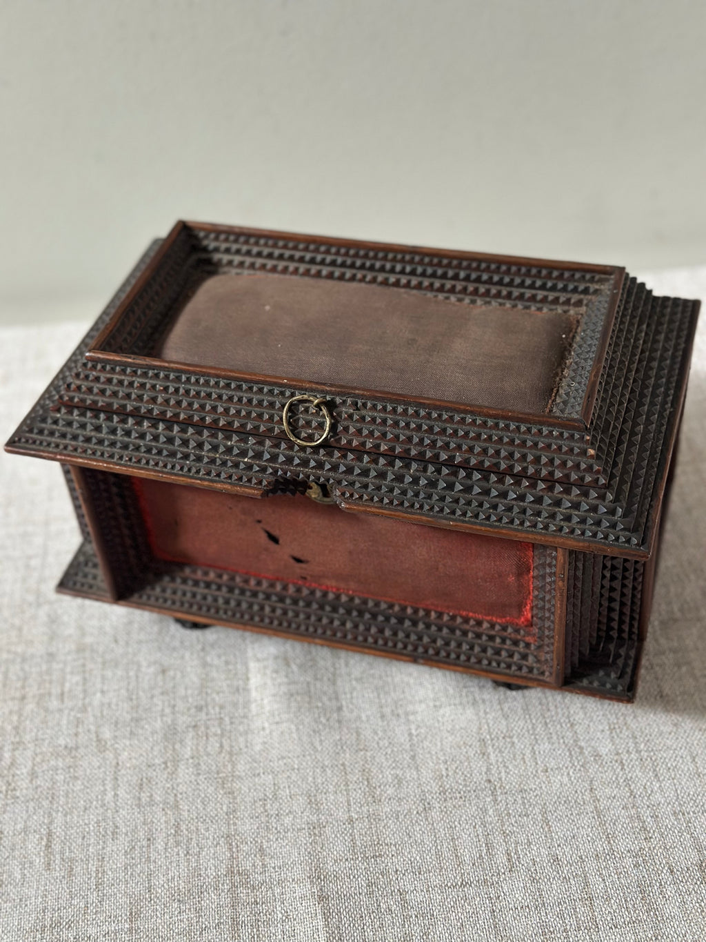 Antique Tramp Art Chip-Carved Wooden Box