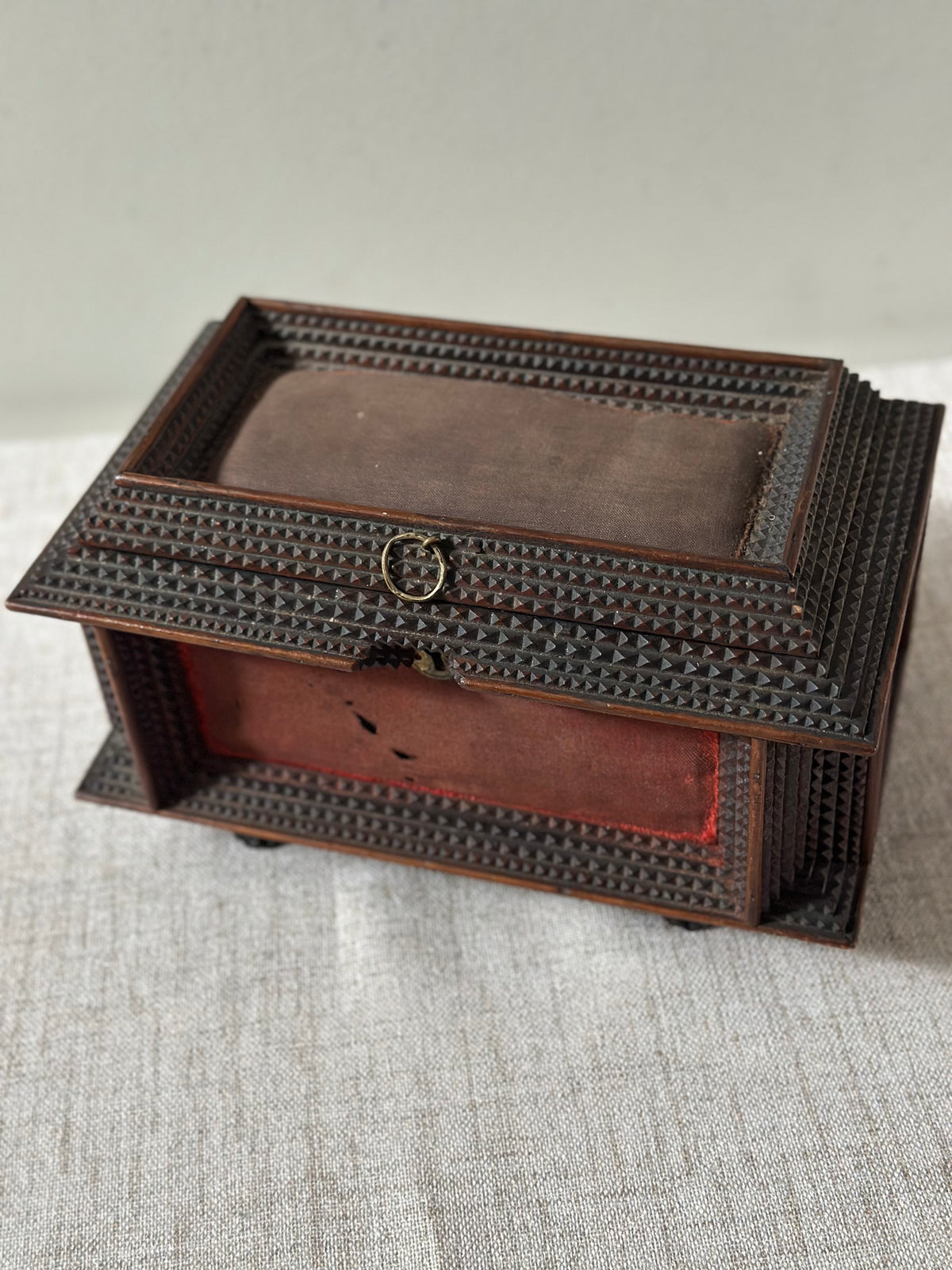 Antique Tramp Art Chip-Carved Wooden Box
