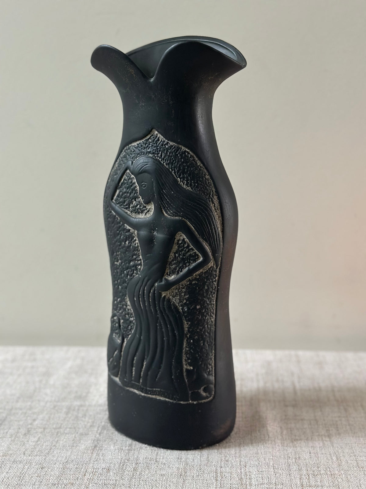 Matte Black Figural Vase, Dancing Female Relief
