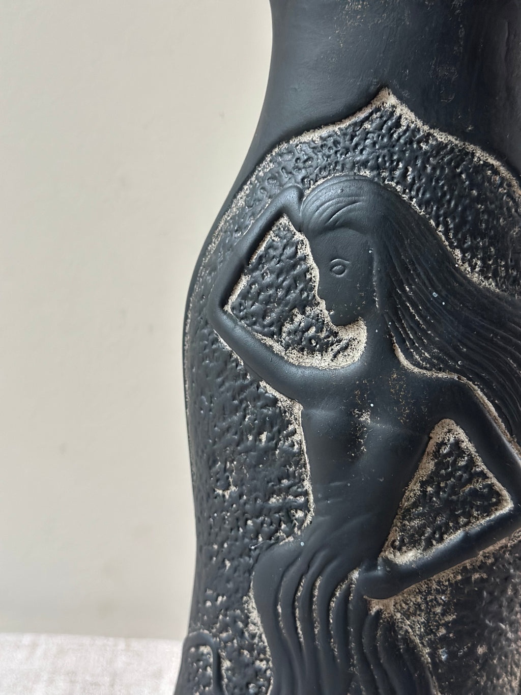 Matte Black Figural Vase, Dancing Female Relief