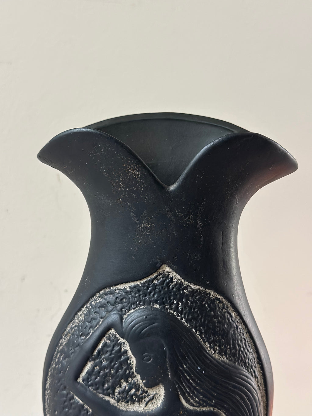 Matte Black Figural Vase, Dancing Female Relief