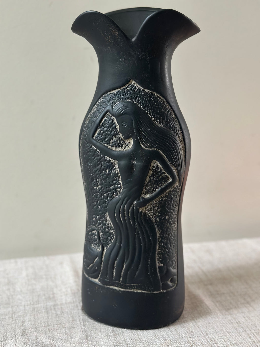Matte Black Figural Vase, Dancing Female Relief