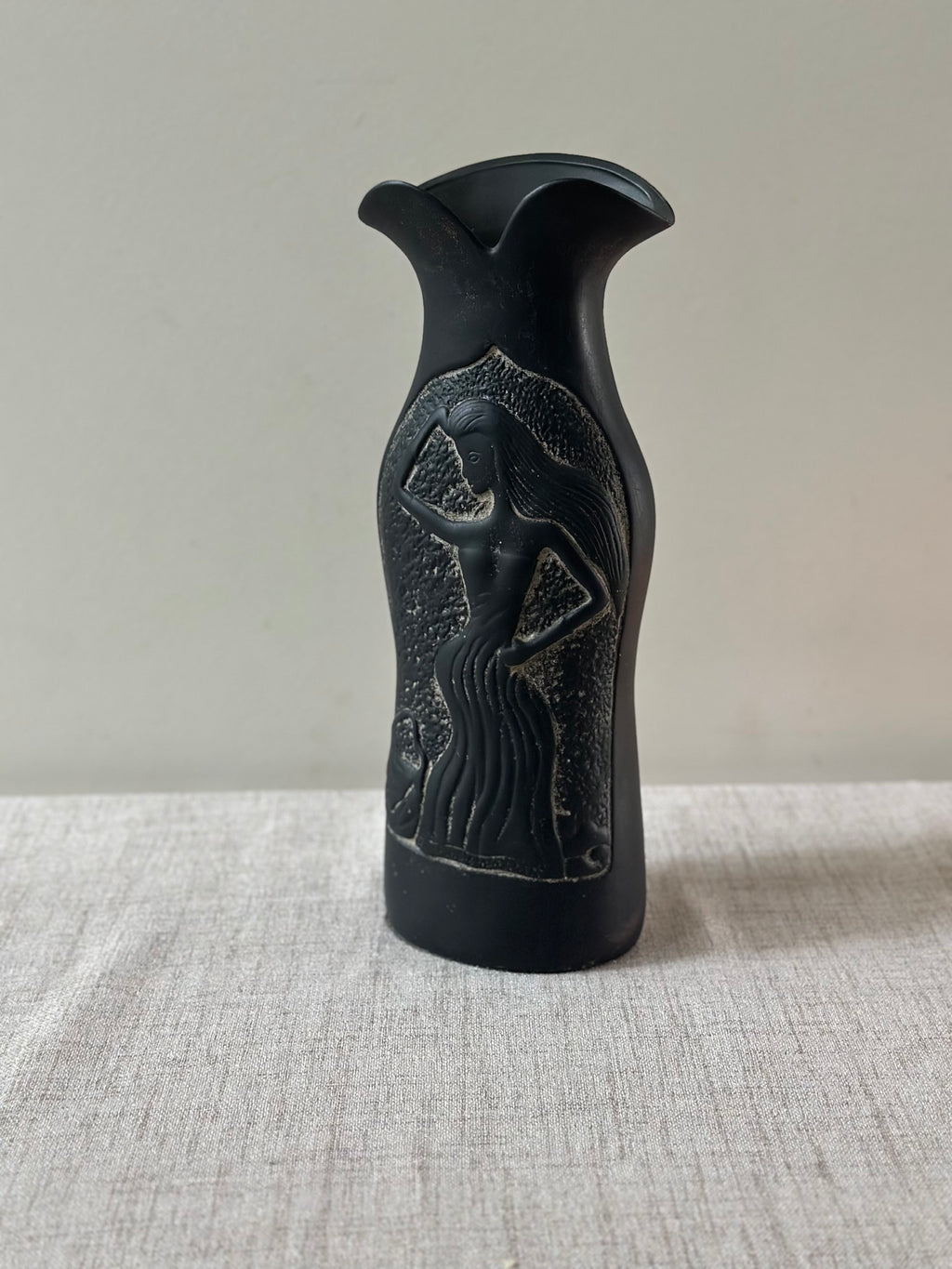 Matte Black Figural Vase, Dancing Female Relief