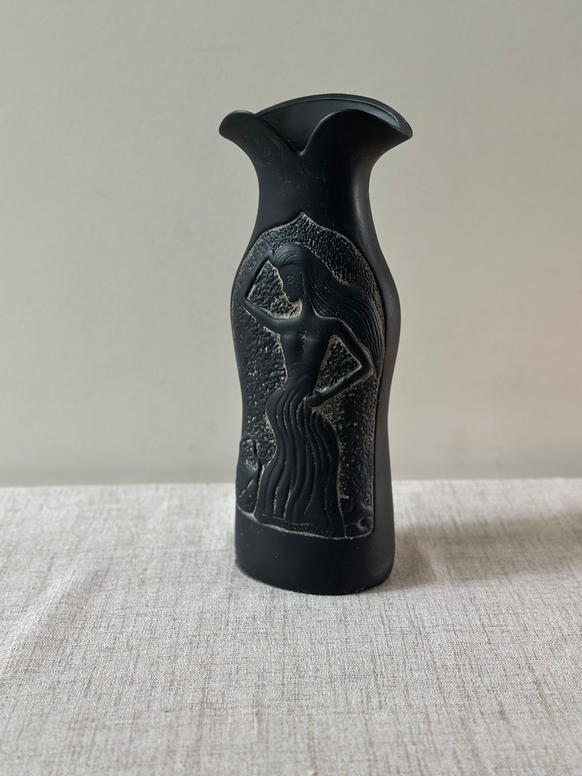 Matte Black Figural Vase, Dancing Female Relief