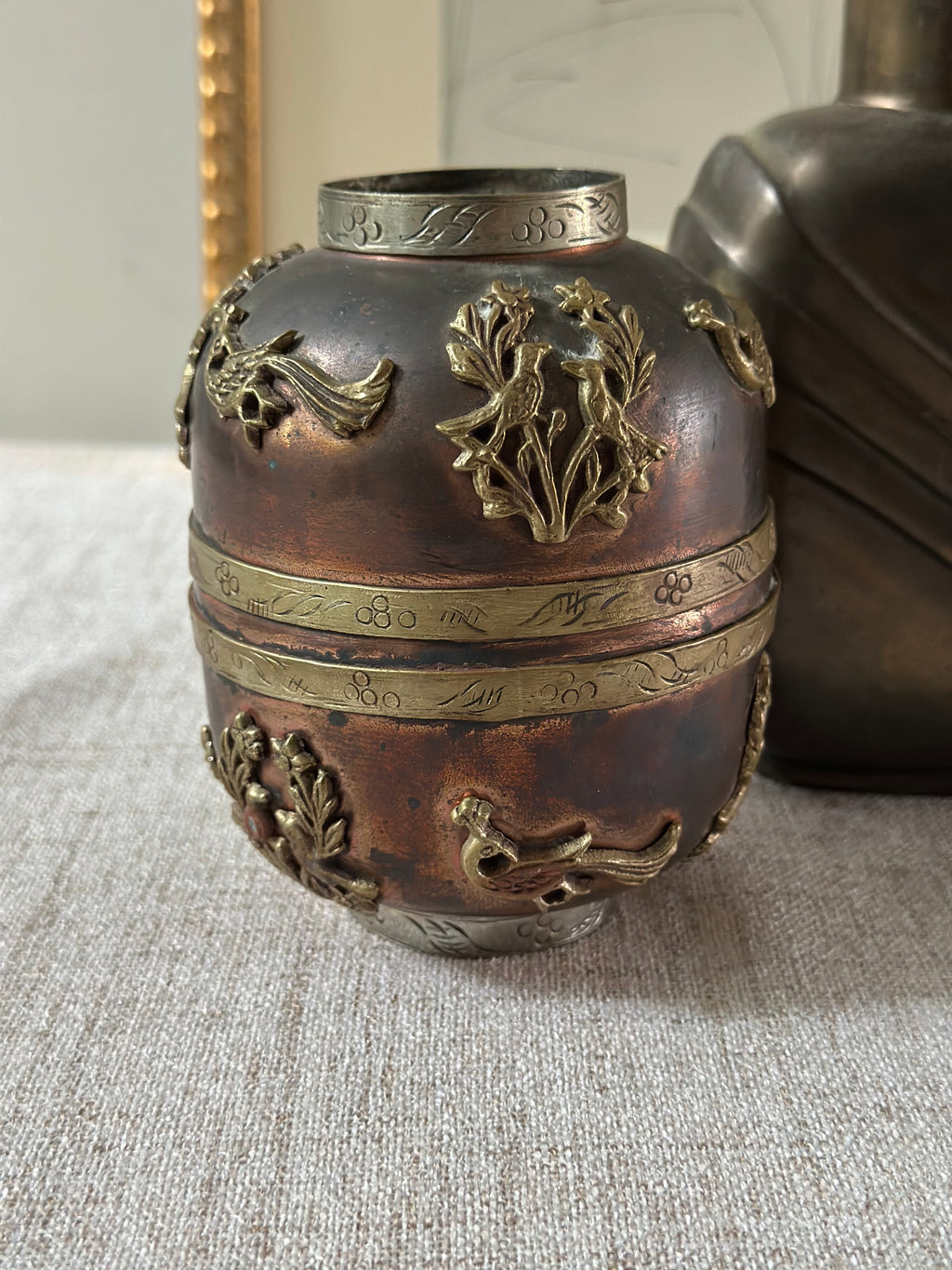 Sino-Tibetan Mixed Metal Jar with Applied Bird Motifs