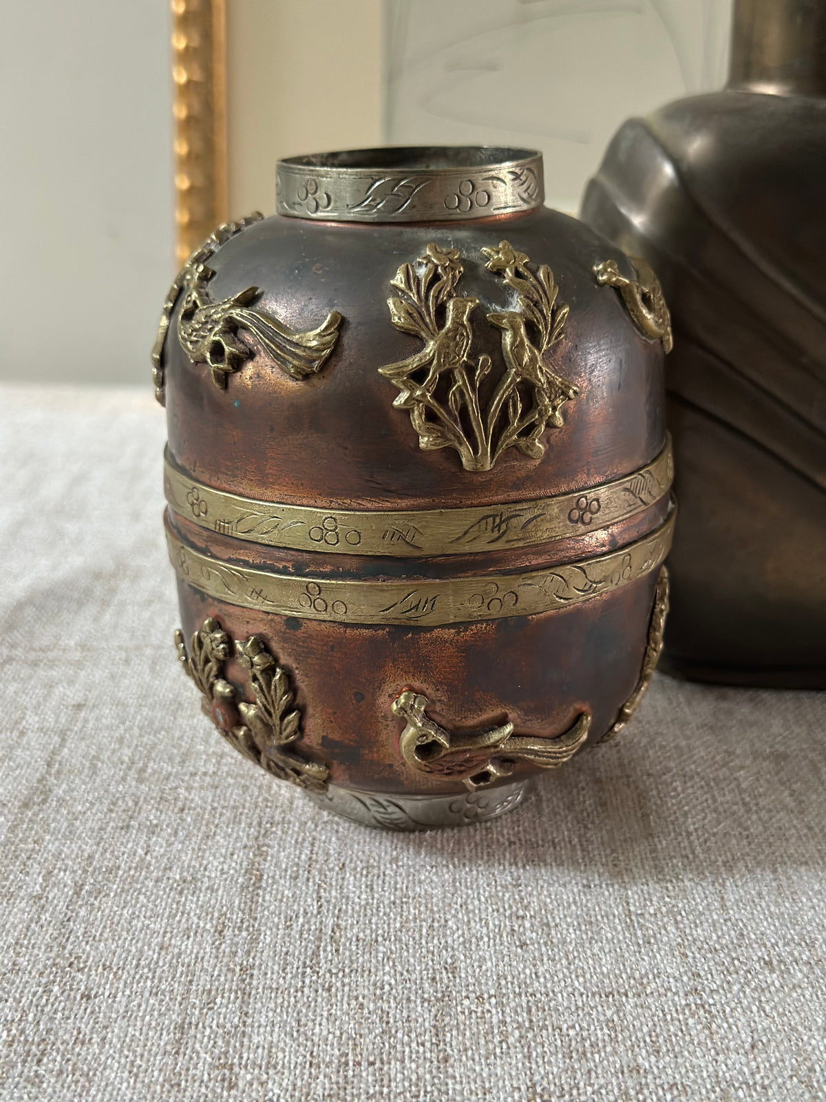 Sino-Tibetan Mixed Metal Jar with Applied Bird Motifs