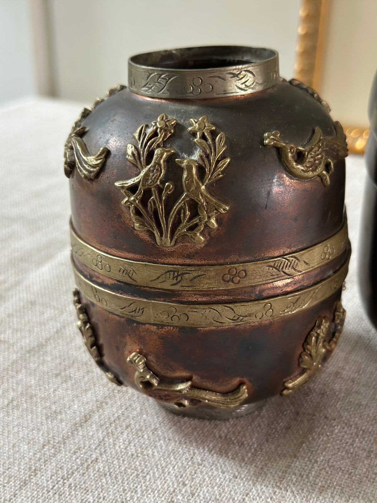 Sino-Tibetan Mixed Metal Jar with Applied Bird Motifs