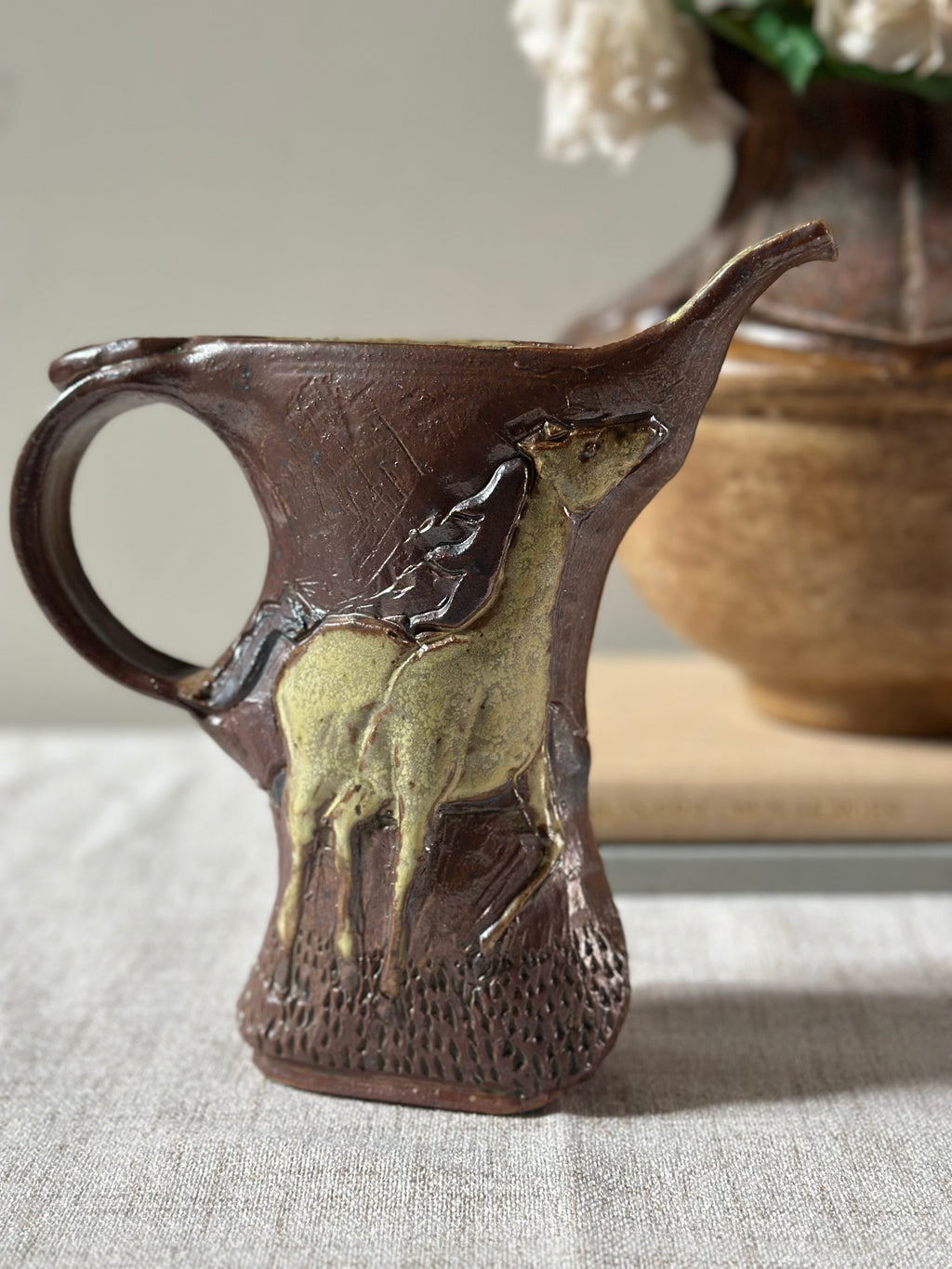 Signed Stoneware Horse Pitcher
