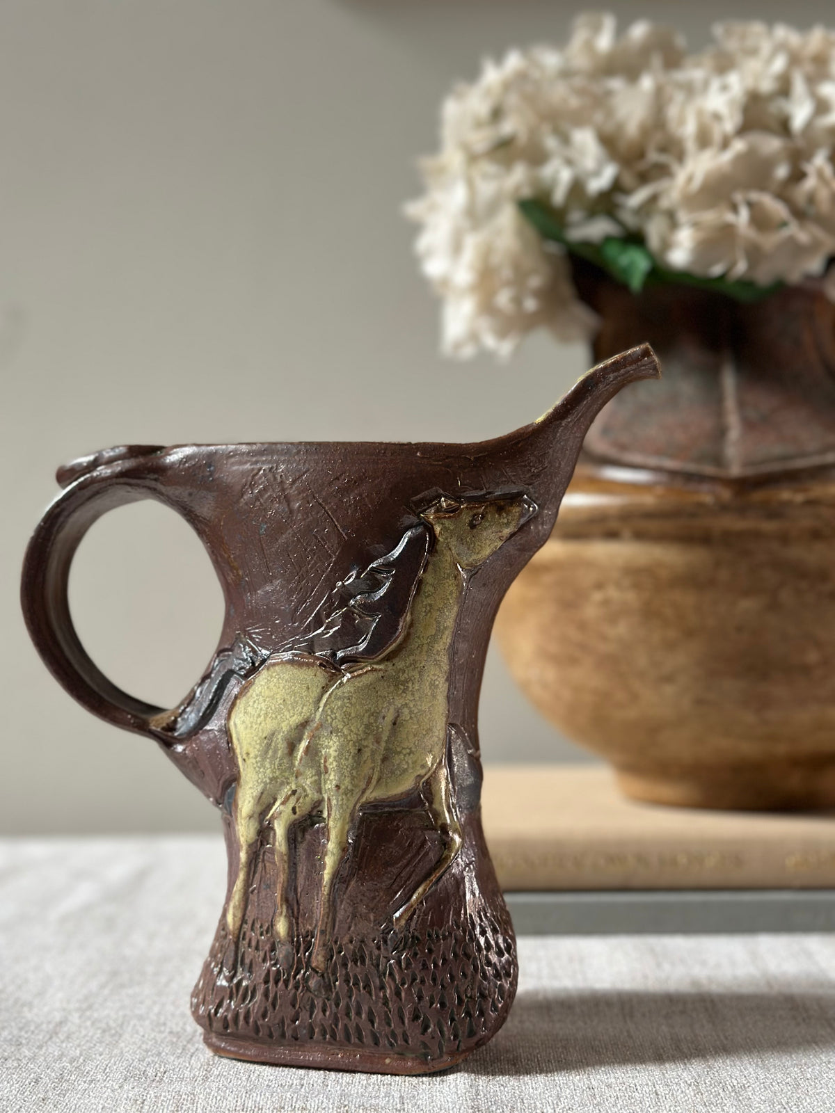 Signed Stoneware Horse Pitcher