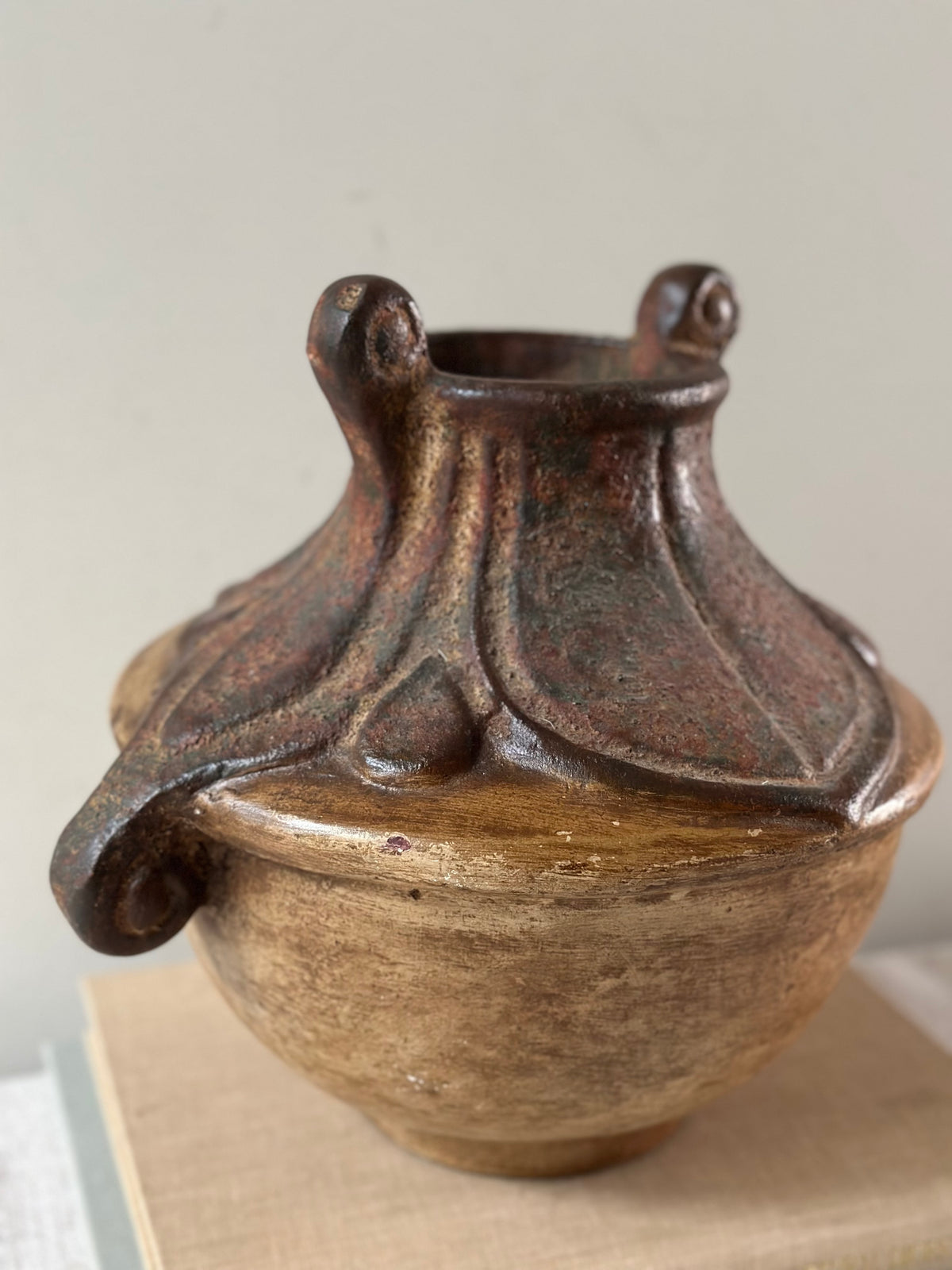 Rustic Ceramic Vessel With Scroll Handles