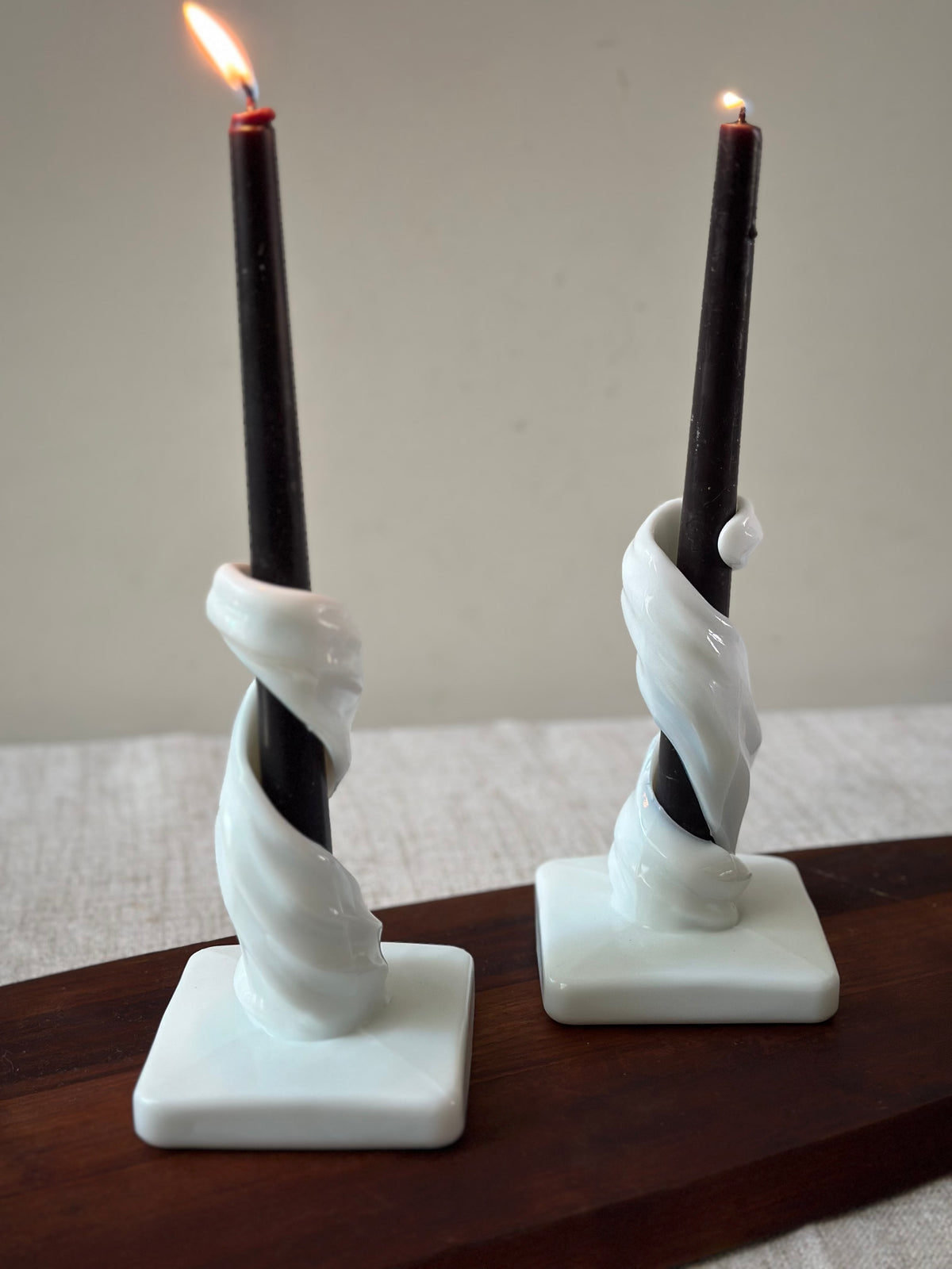 Pair Vintage Milk Glass Spiral Candlesticks