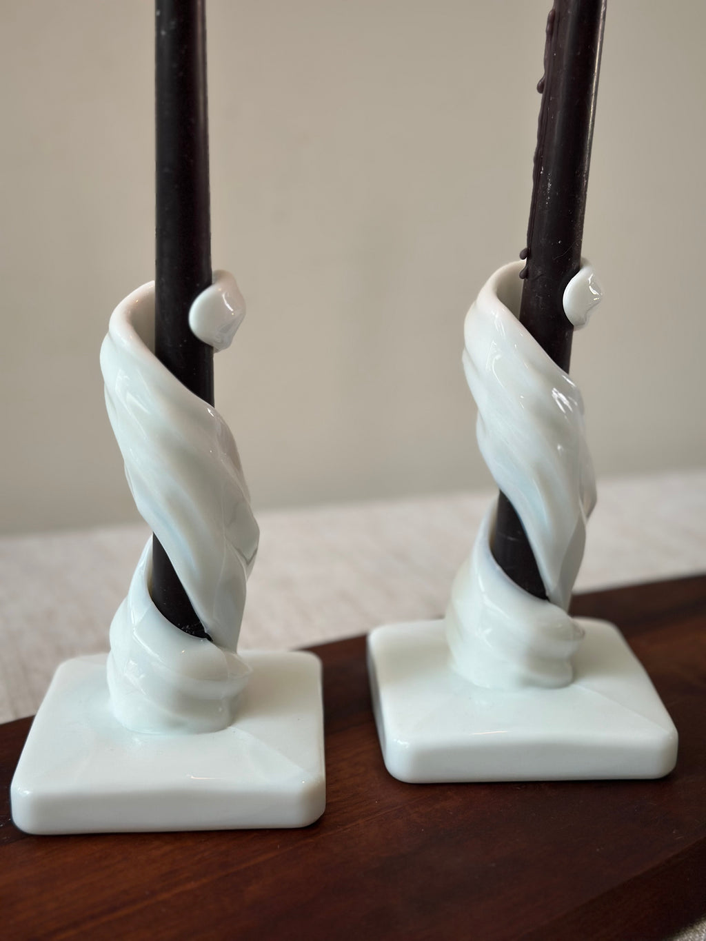 Pair Vintage Milk Glass Spiral Candlesticks
