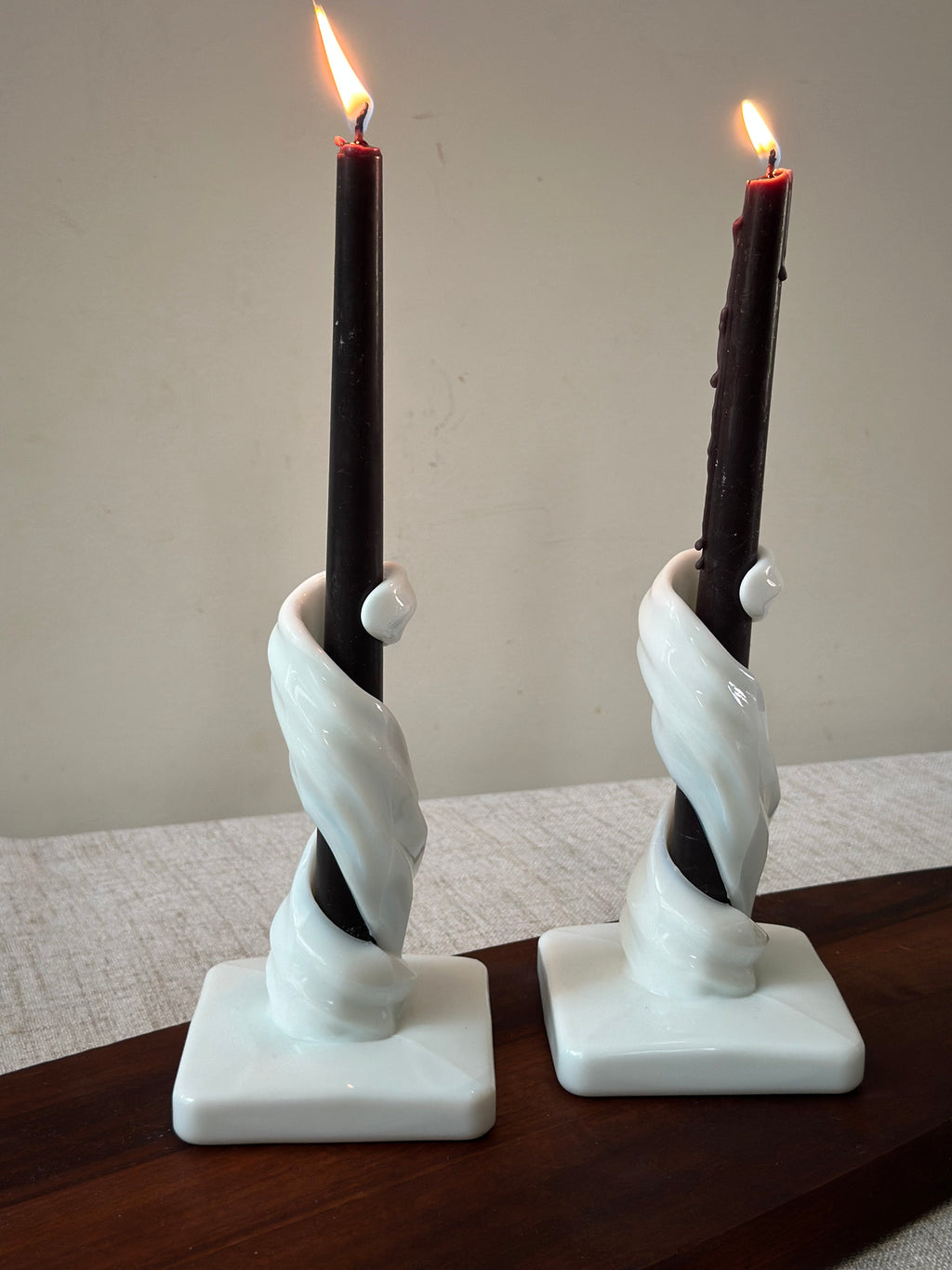 Pair Vintage Milk Glass Spiral Candlesticks