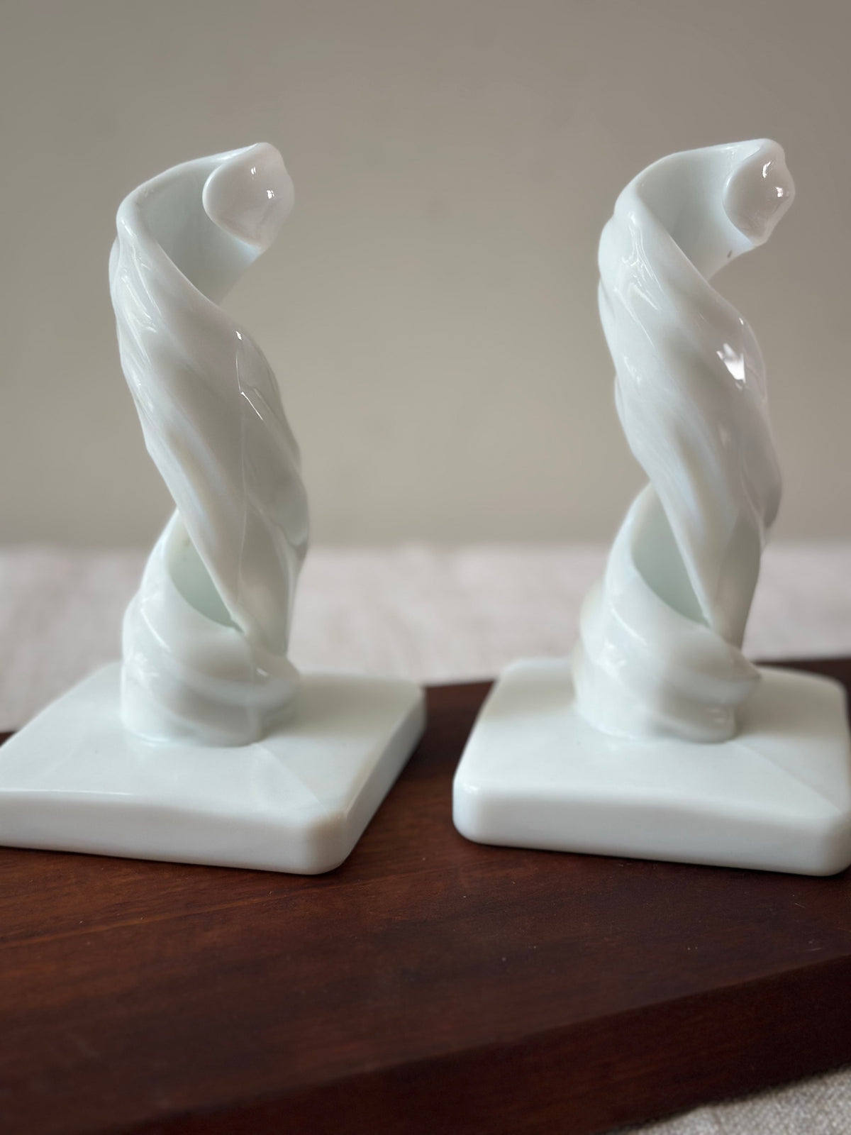 Pair Vintage Milk Glass Spiral Candlesticks