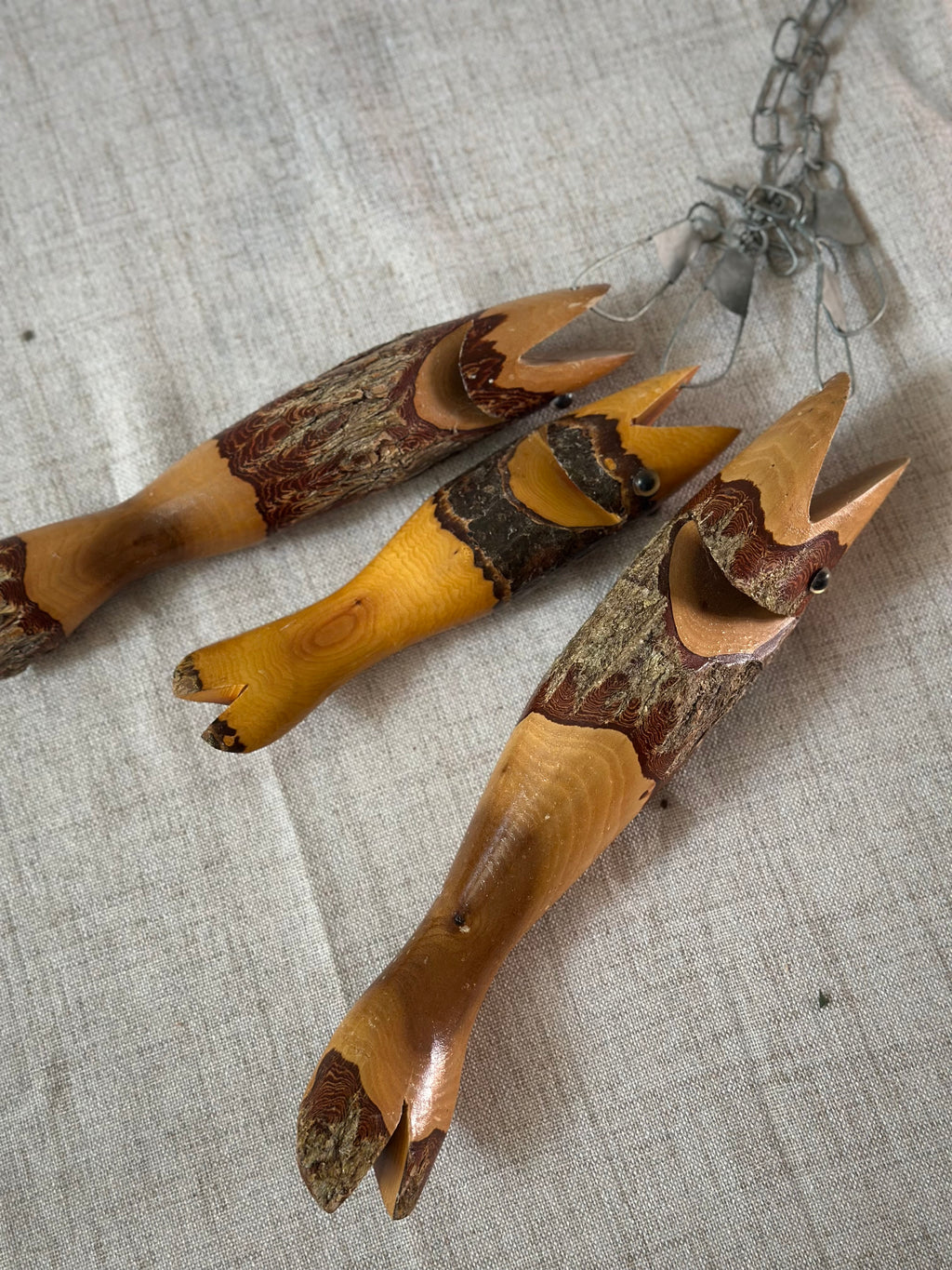Trio of Hand Carved Wooden Fish